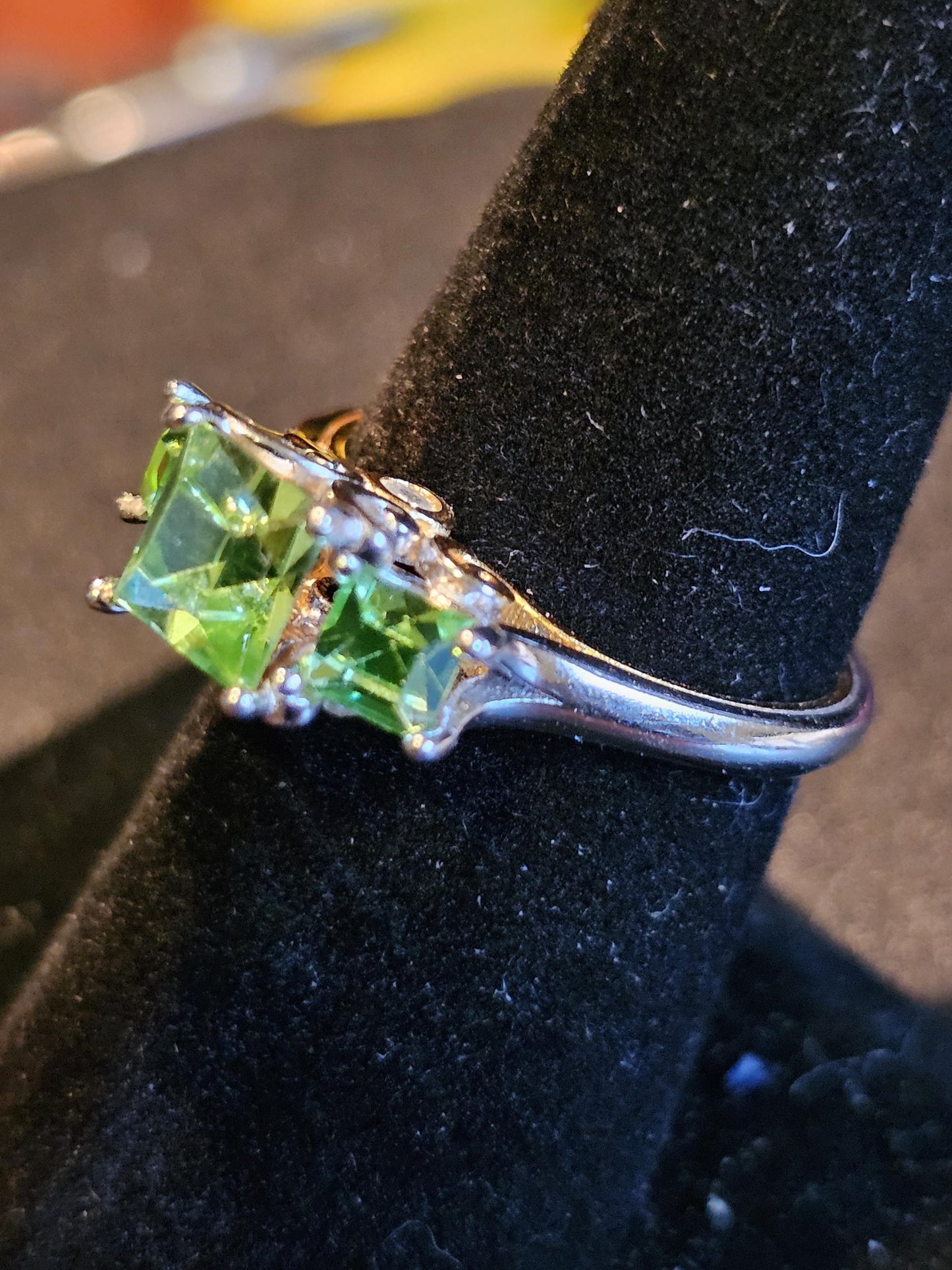 Uranium Glass Princess cut Ring size 7 new Sterling Silver/18K Gold Uranium glass stone and 2 accent stones that glows under black/UV light