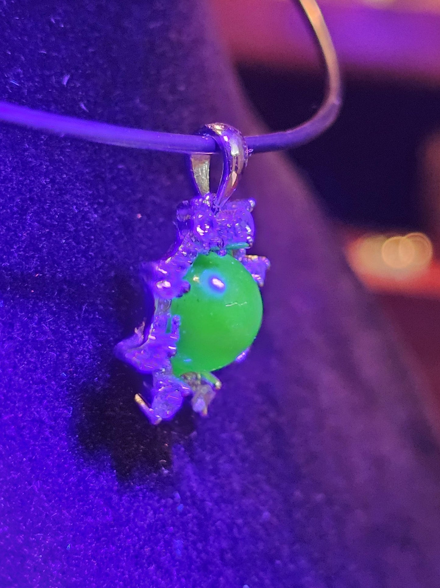 Uranium Glass pendant, with a vintage dark Green Round top Uranium glass stone that glows under black light mounted in new sterling silver
