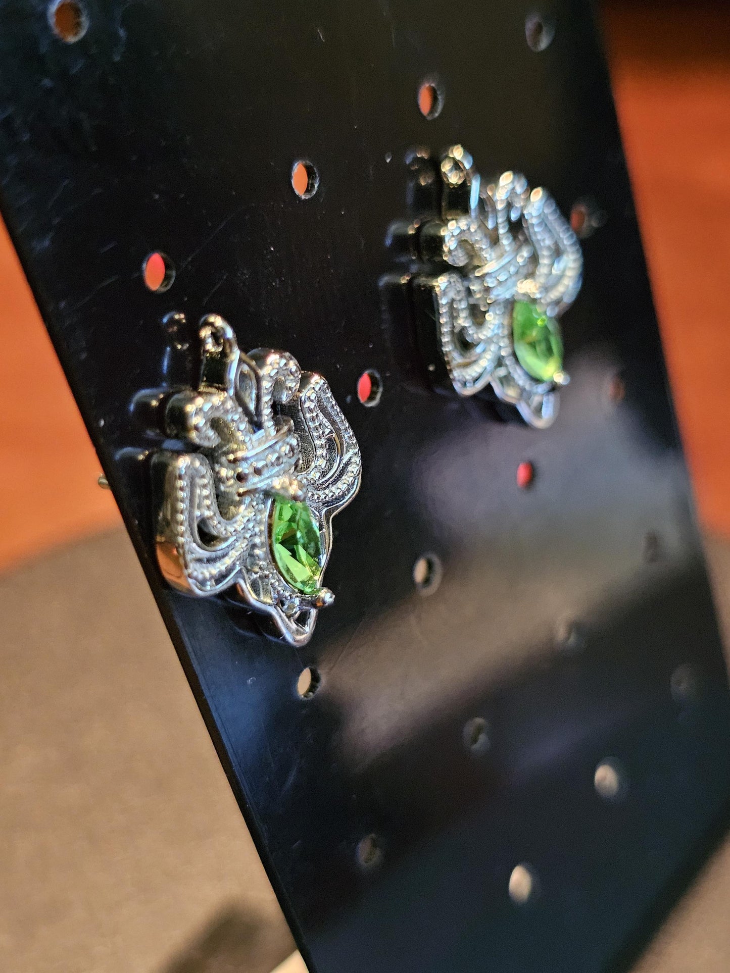 Uranium Glass Earrings in new Sterling Silver Fleur-De-Lis design with Vintage Uranium Glass stones that glow under black/UV light