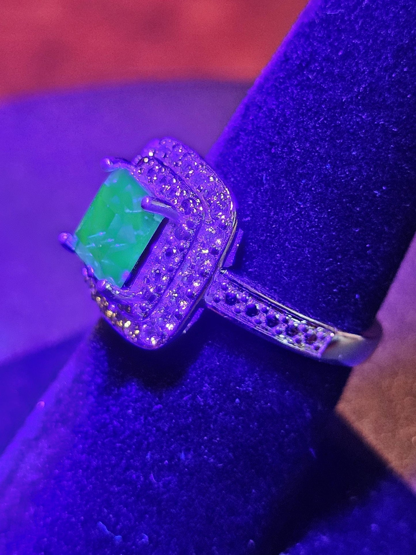 Uranium Glass Princess cut Ring size 4 to 10.5 Sterling Silver with super rare Blue Uranium glass stone that glows under black / UV light