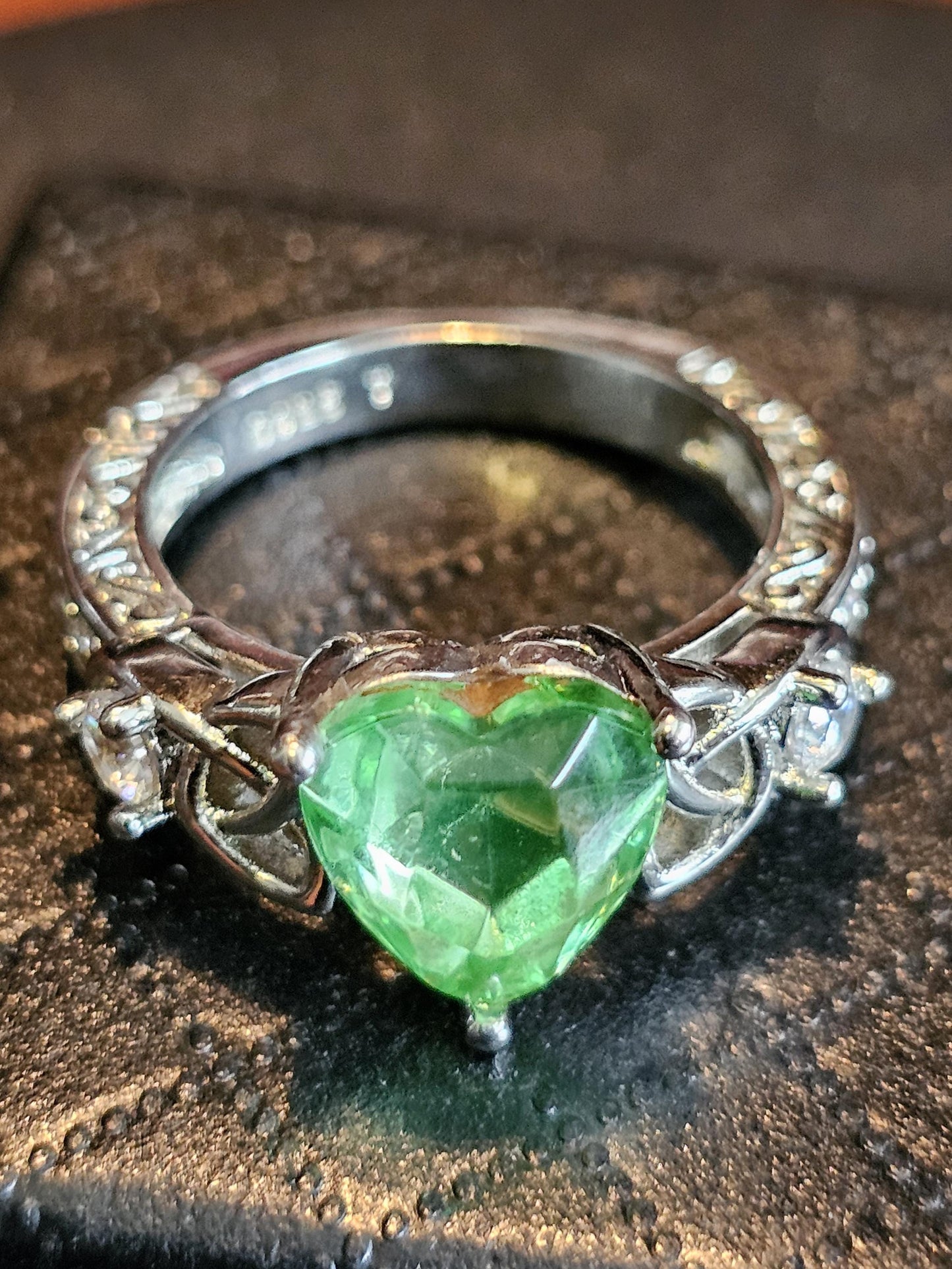 Uranium Glass Heart cut Ring size 7 new Sterling Silver Celtic knot with a vintage 9 mm Uranium glass stone that glows under black UV light