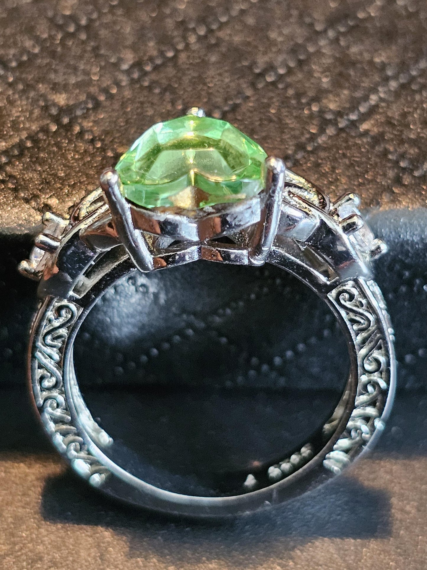 Uranium Glass Heart cut Ring size 7 new Sterling Silver Celtic knot with a vintage 9 mm Uranium glass stone that glows under black UV light