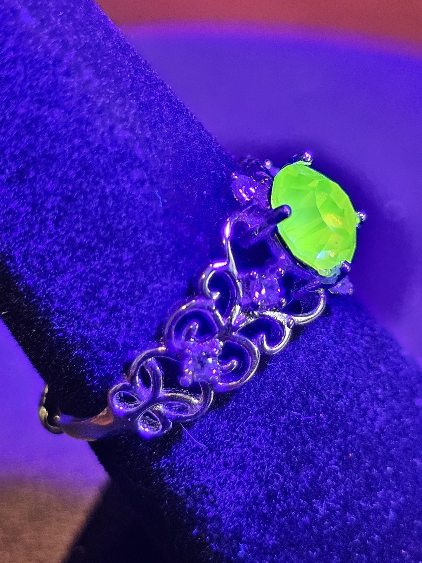 Uranium Glass Adjustable Ring new Sterling Silver with a rare vintage 6mm Pink Round cut Uranium glass stone that glows under black light