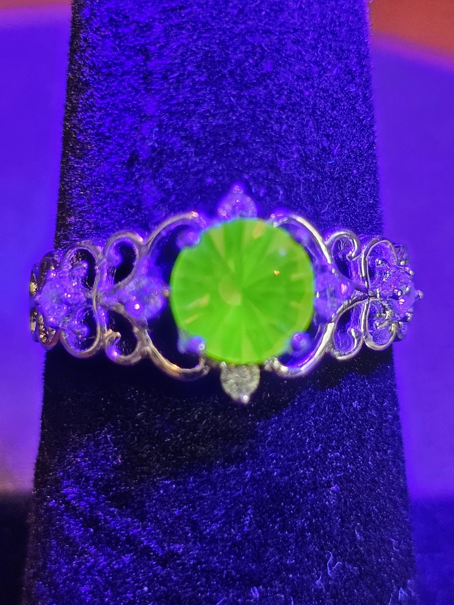 Uranium Glass Adjustable Ring new Sterling Silver with a rare vintage 6mm Pink Round cut Uranium glass stone that glows under black light