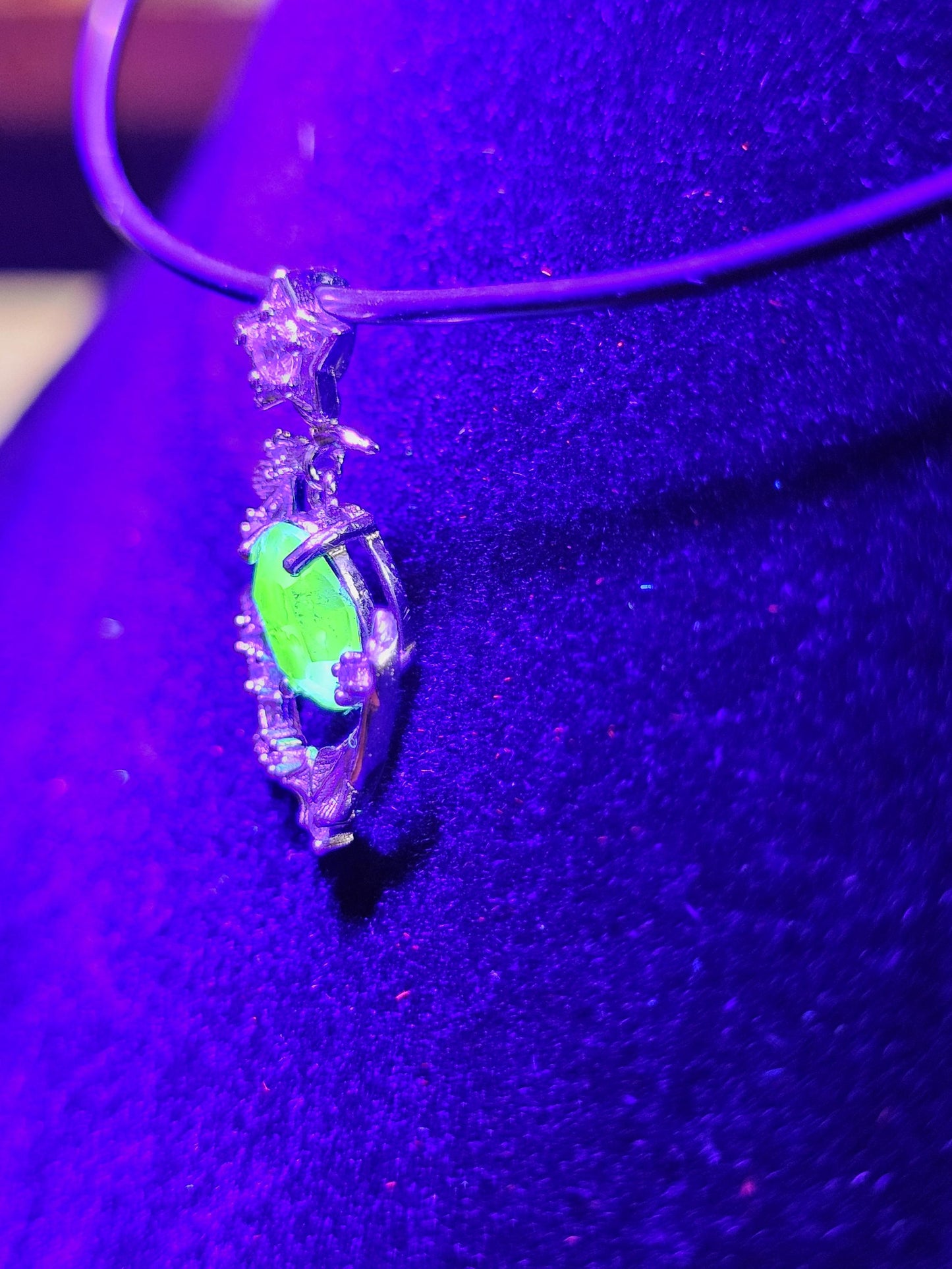 Uranium Glass Pendant in new Sterling Silver setting with a vintage 8x6 mm Oval cut Uranium Glass stone that glows under black / UV light