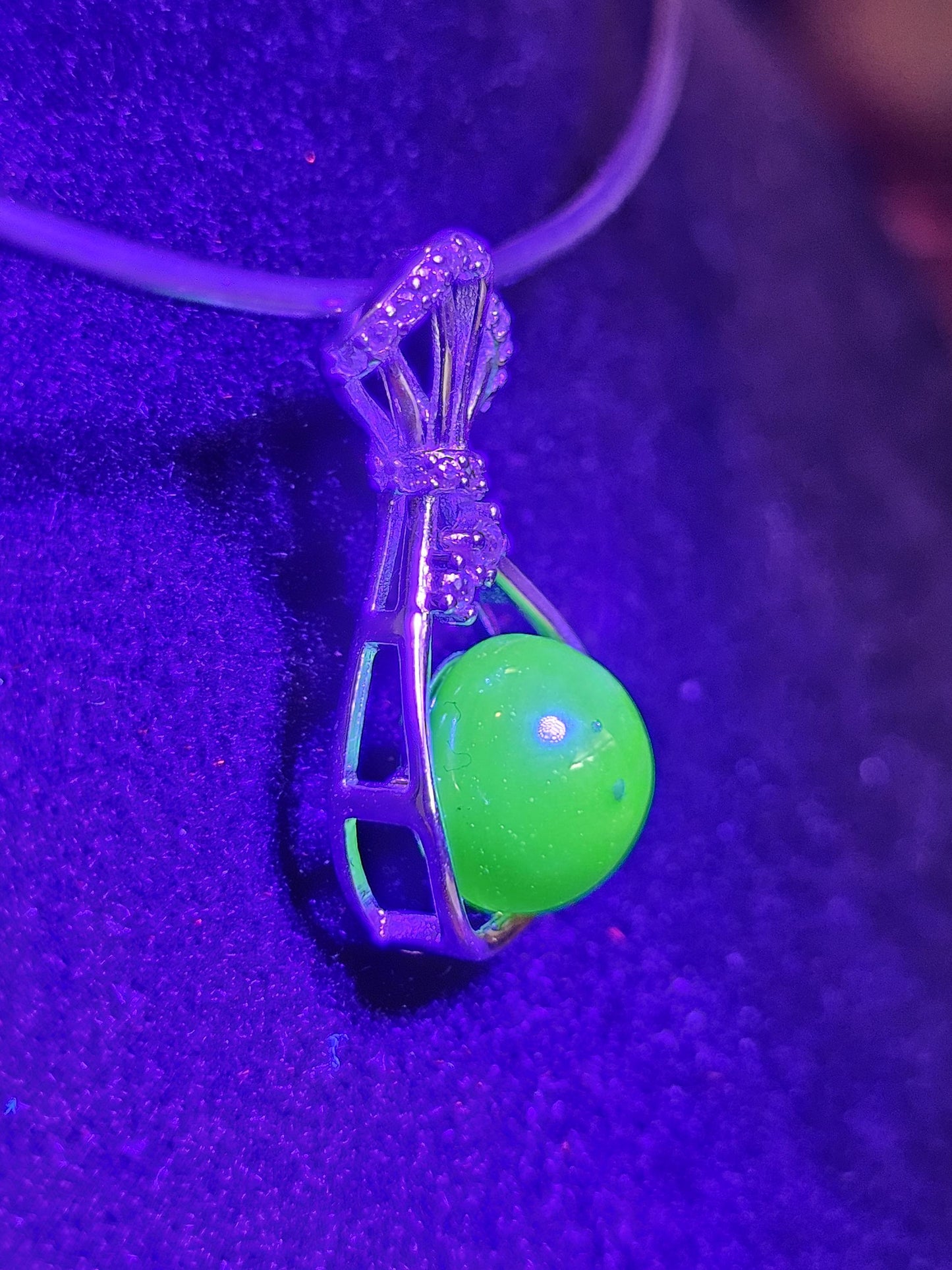 Uranium Glass pendant, new Sterling Silver with a vintage rare dark Green Round top Uranium glass stone that glows under black light