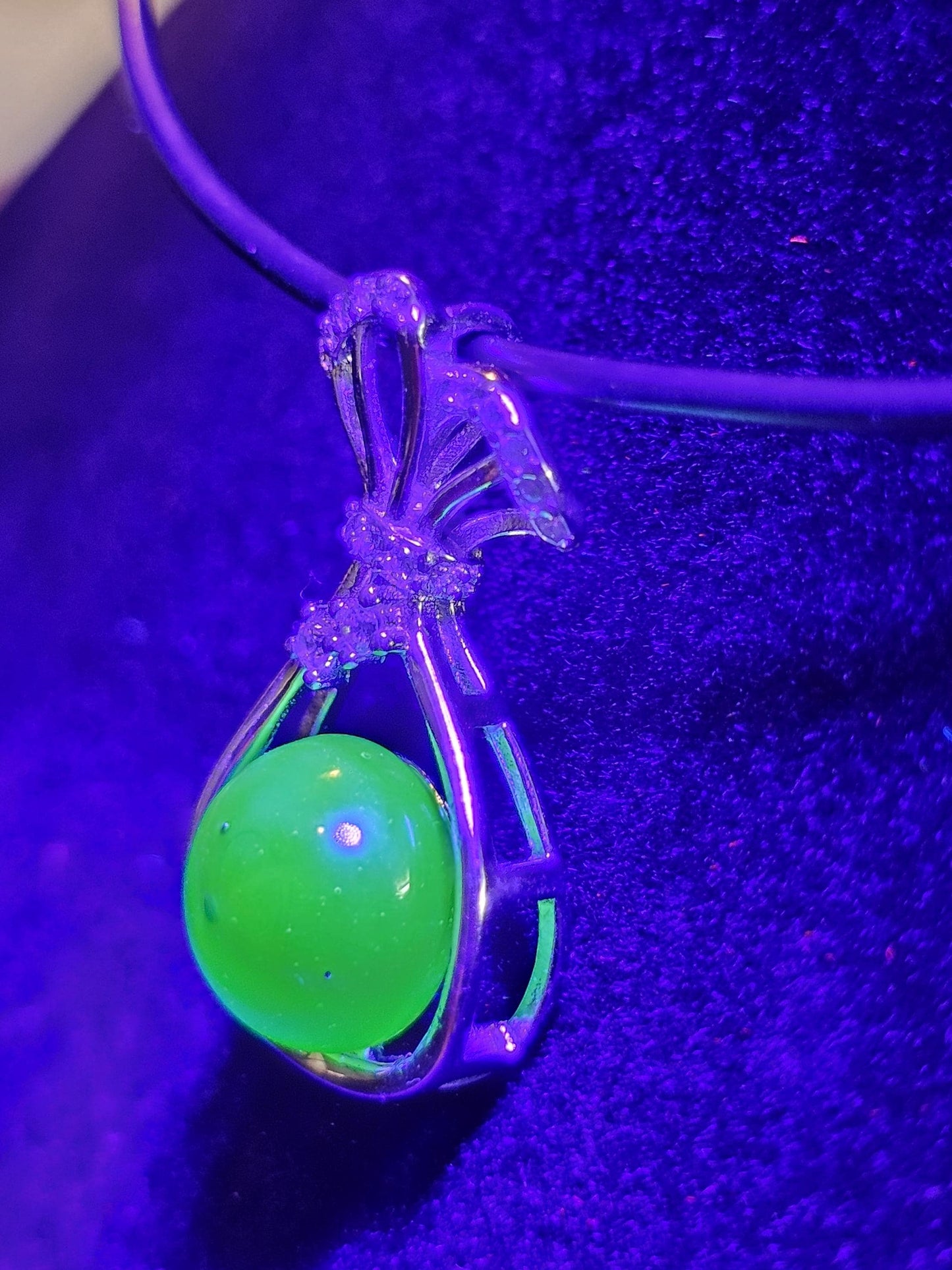 Uranium Glass pendant, new Sterling Silver with a vintage rare dark Green Round top Uranium glass stone that glows under black light