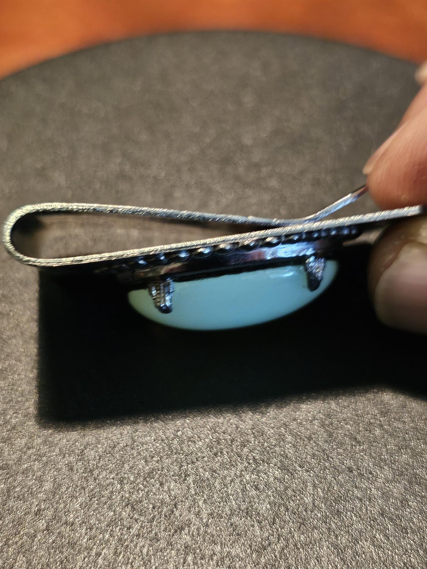 Uranium Glass Money Clip Gold or Silver 25x18 mm Oval cut Round top Cabochon cut vintage Uranium Glass stone that glows under black/UV light