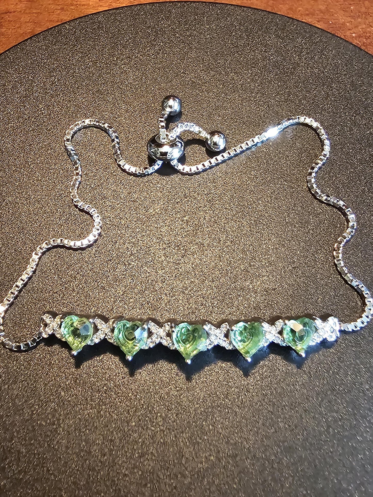 Uranium Glass Bracelet new Sterling Silver with 5 vintage Uranium glass Heart cut 5x5.5 mm stones that glow under black / UV light
