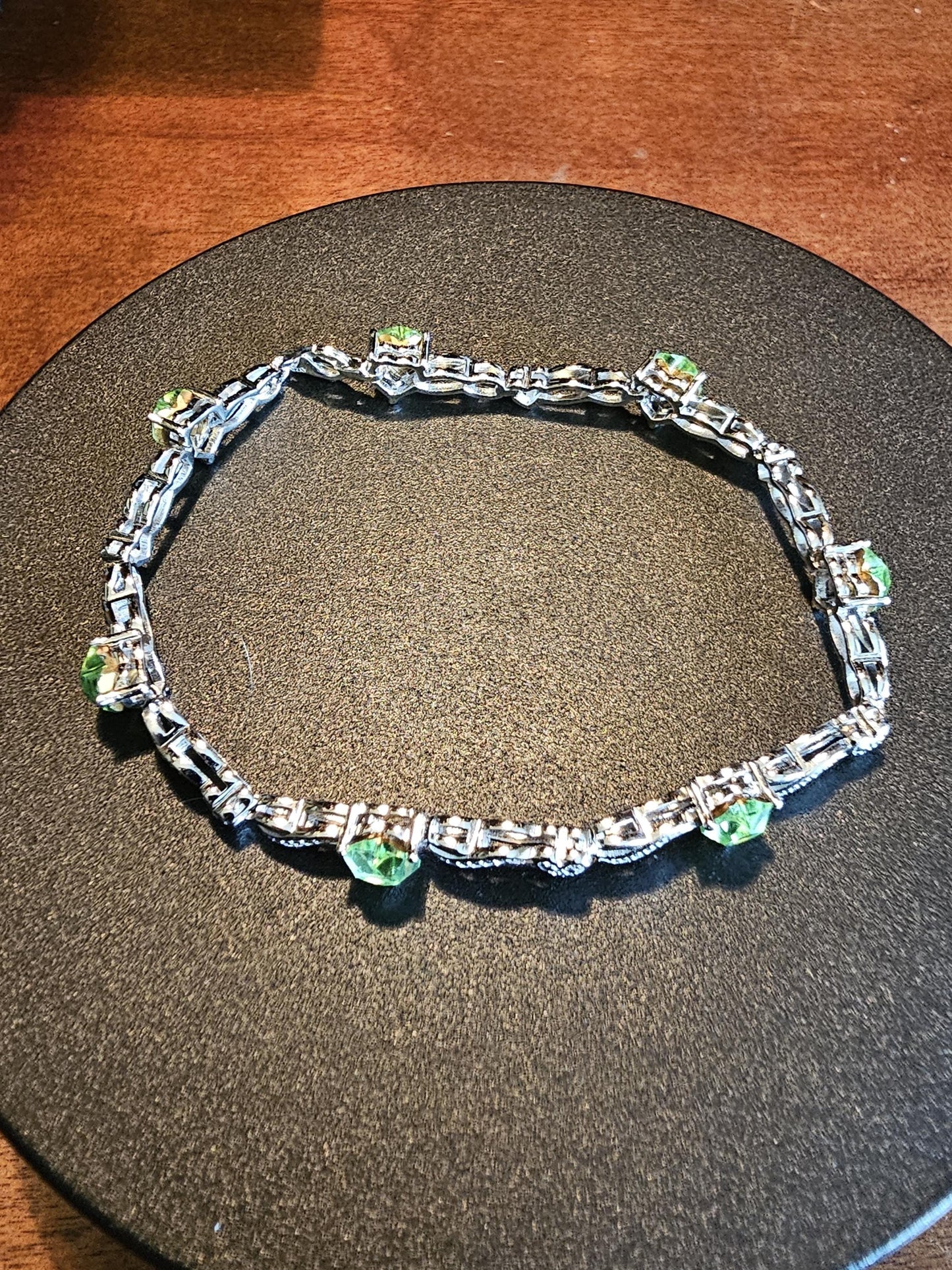 Uranium Glass Bracelet new Sterling Silver with 7 vintage Uranium glass Heart cut 6x6.5 mm stones that glow under black / UV light