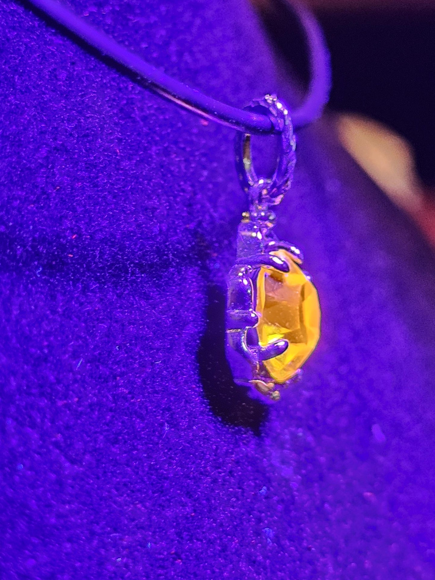 Cadmium Glass Pendant in new Sterling Silver with a vintage 8 mm Round cut Cadmium Glass stone that glows Orange under black / UV light