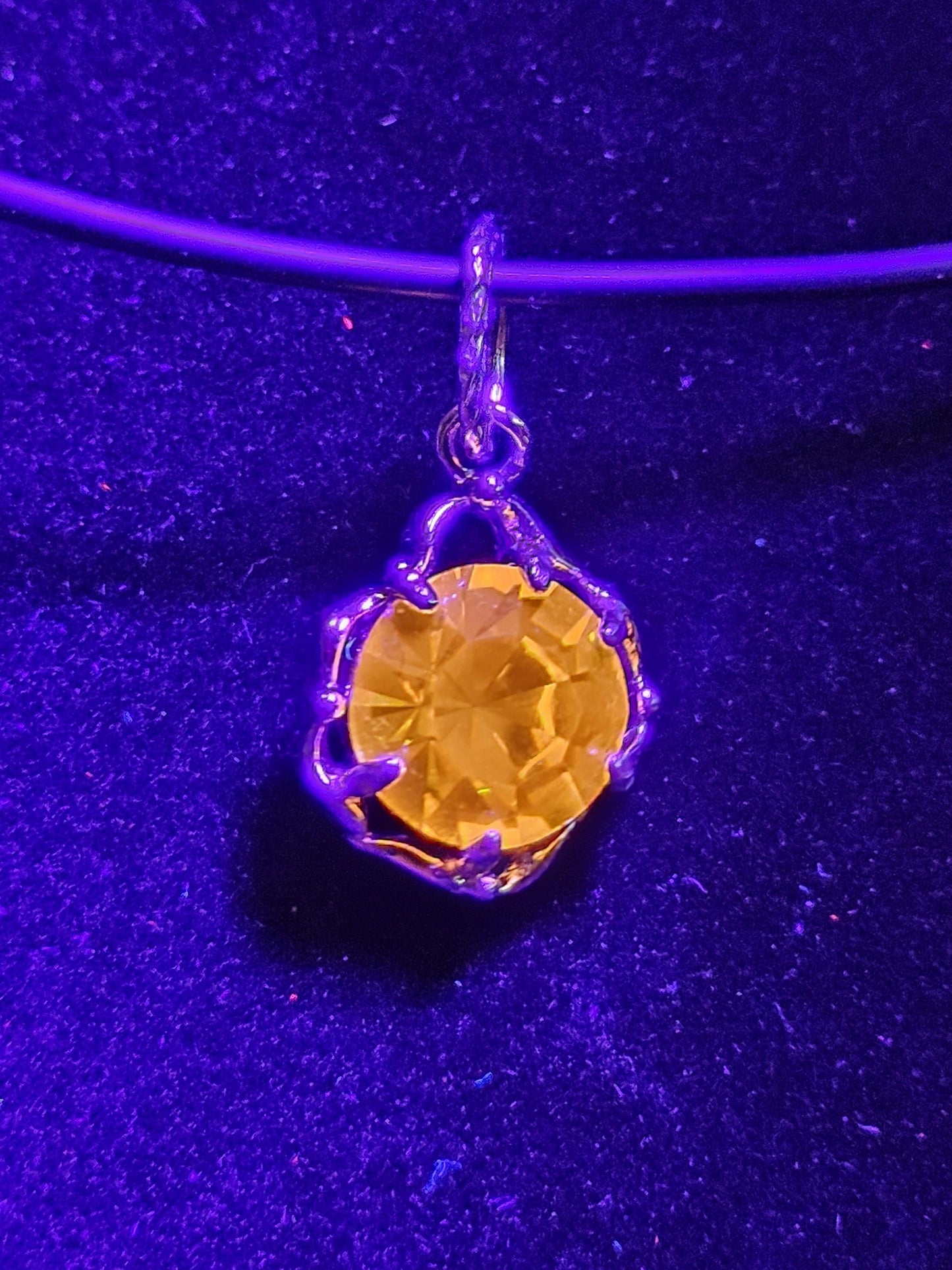 Cadmium Glass Pendant in new Sterling Silver with a vintage 8 mm Round cut Cadmium Glass stone that glows Orange under black / UV light