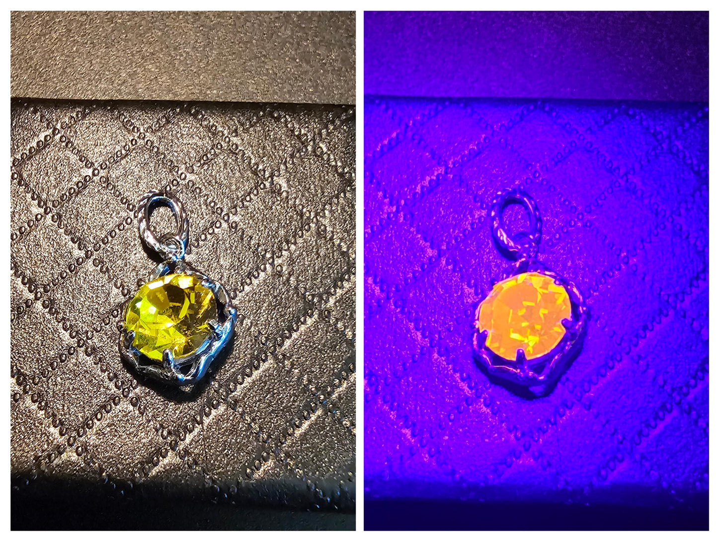 Cadmium Glass Pendant in new Sterling Silver with a vintage 8 mm Round cut Cadmium Glass stone that glows Orange under black / UV light