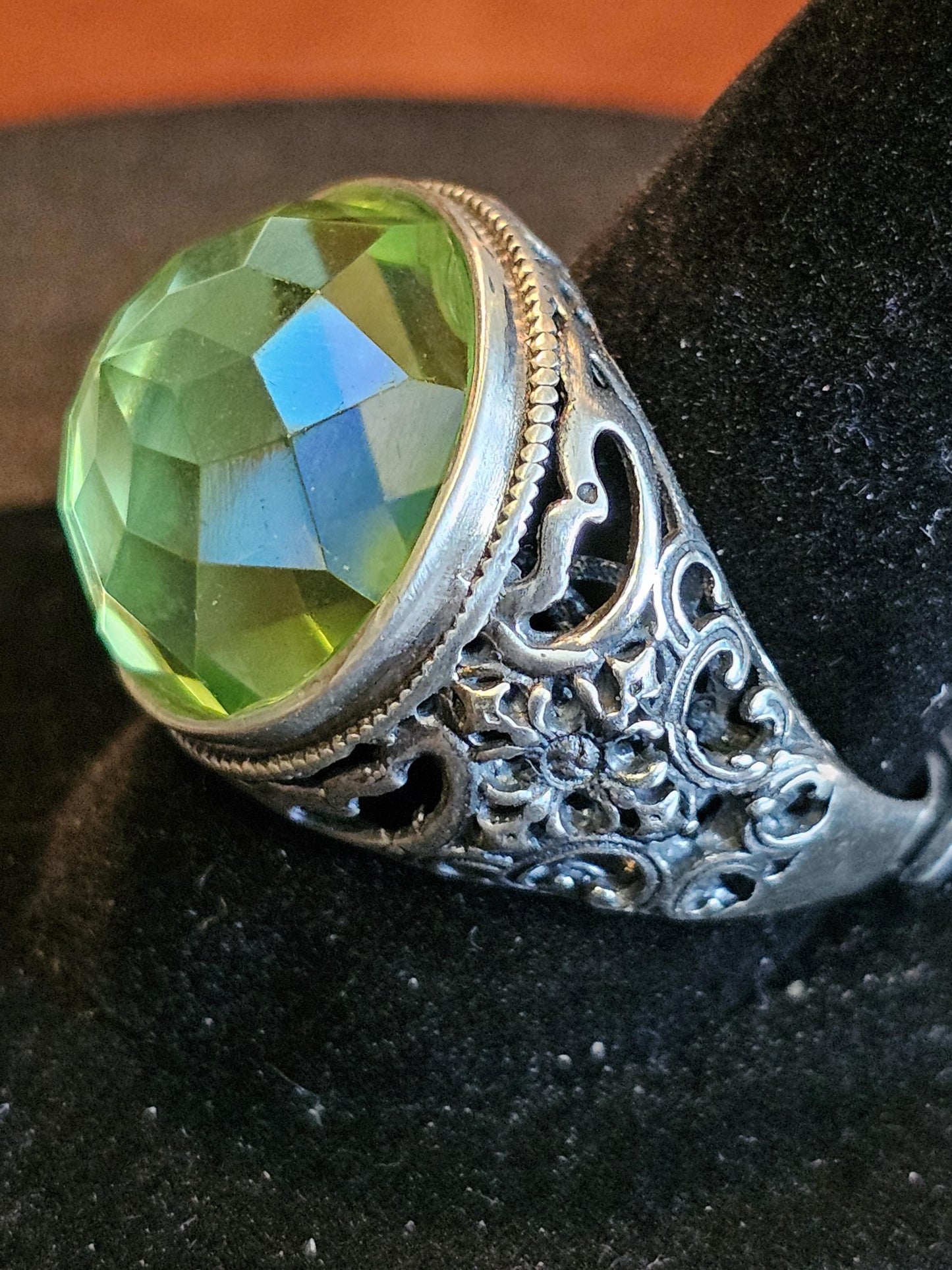 Uranium Glass Men's Ring Adjustable with a large 18 mm vintage Uranium glass multifaceted Round cut stone that glows under black / UV light
