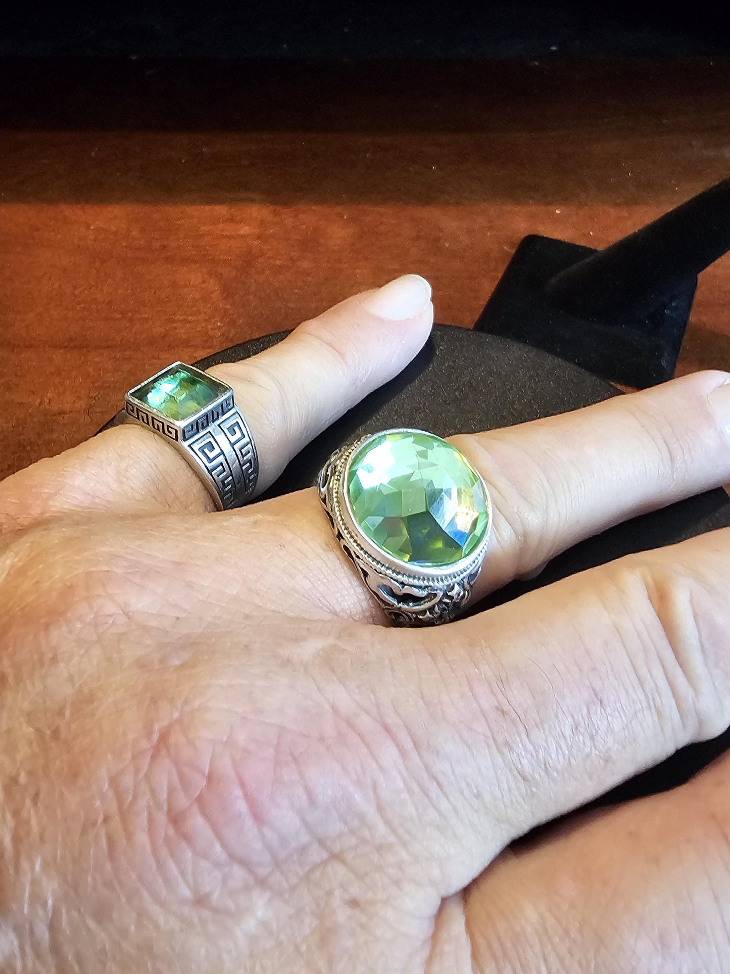 Uranium Glass Men's Ring Adjustable with a large 18 mm vintage Uranium glass multifaceted Round cut stone that glows under black / UV light