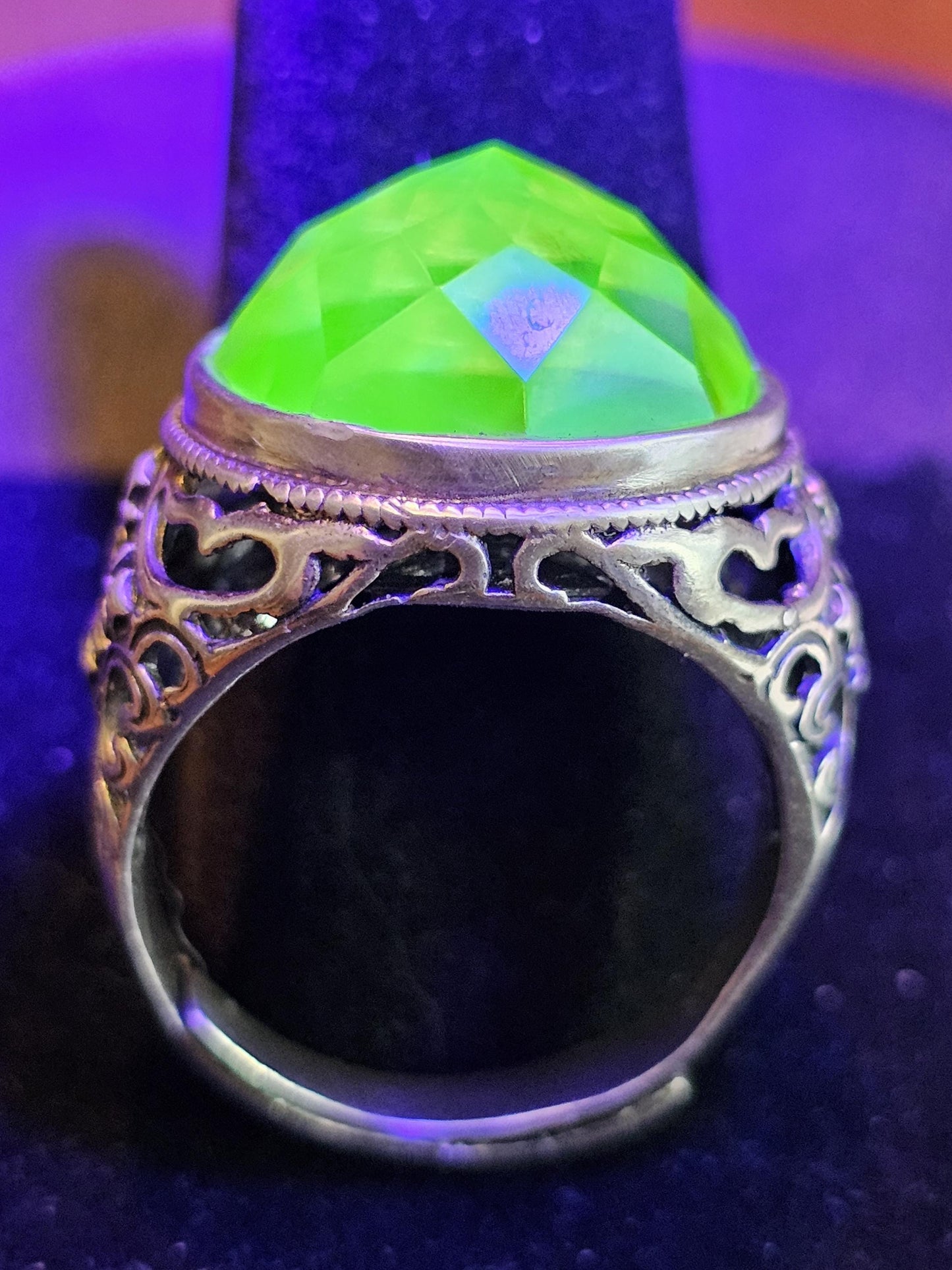 Uranium Glass Men's Ring Adjustable with a large 18 mm vintage Uranium glass multifaceted Round cut stone that glows under black / UV light