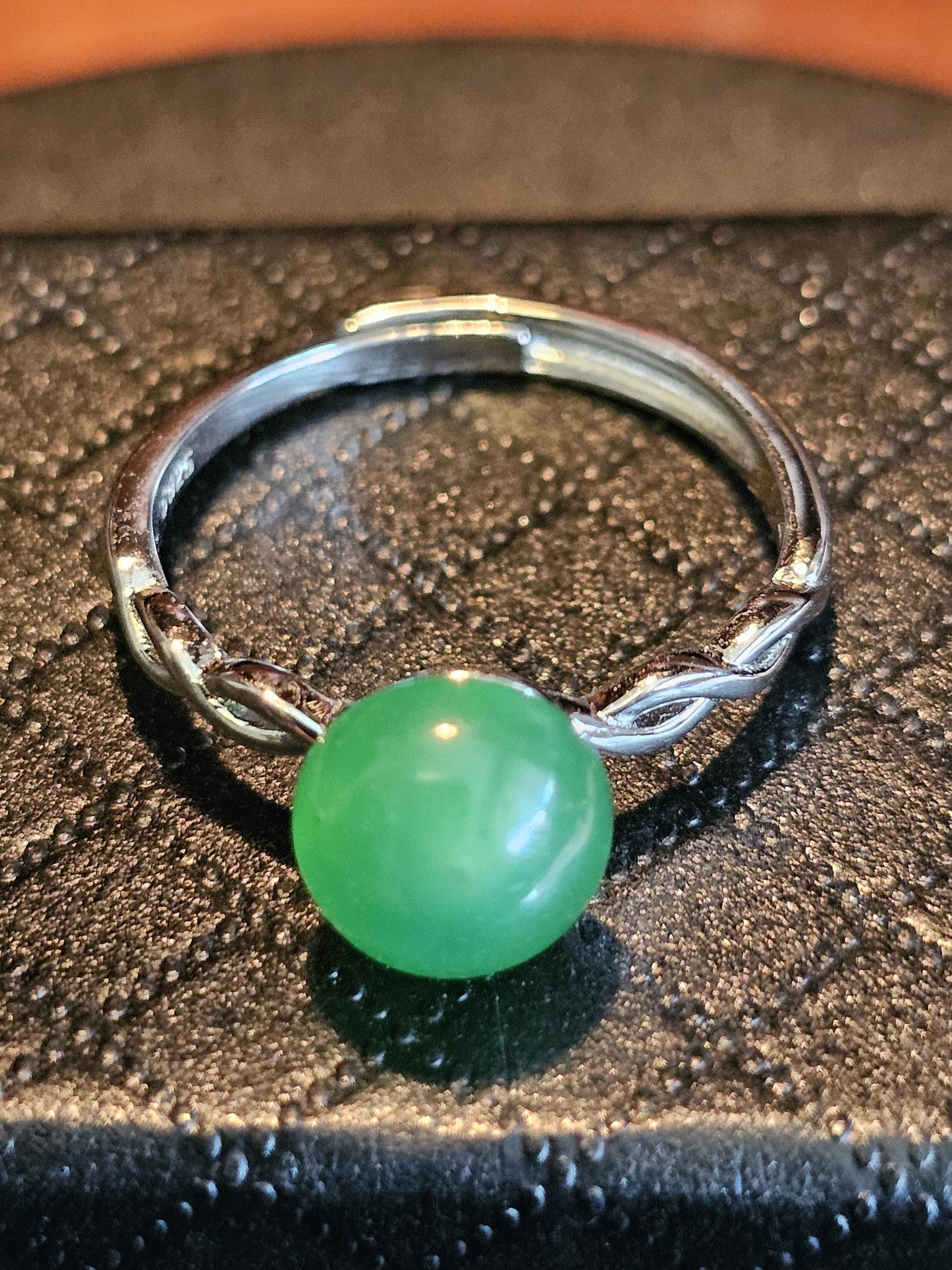 Uranium Glass Adjustable Ring with a vintage rare dark Green Round top Uranium glass stone new Sterling Silver that glows under black light