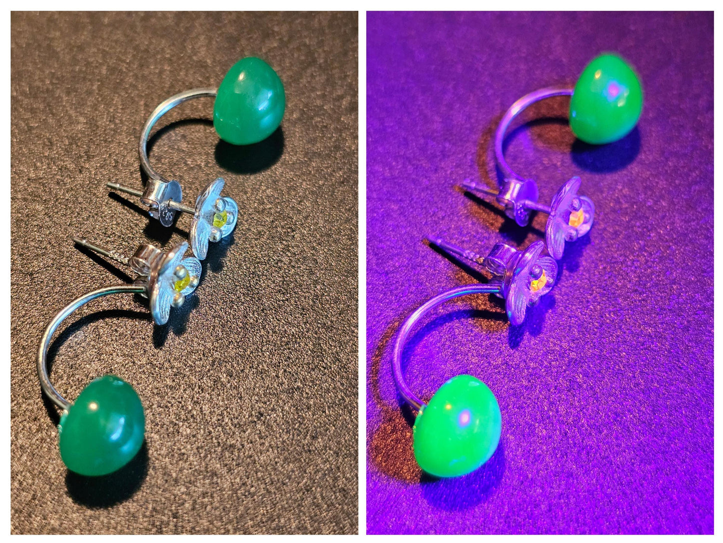 Uranium Glass Earrings with Vintage Dark Green 9 mm round cut Uranium Glass stones in new Sterling Silver that glow under black/UV light