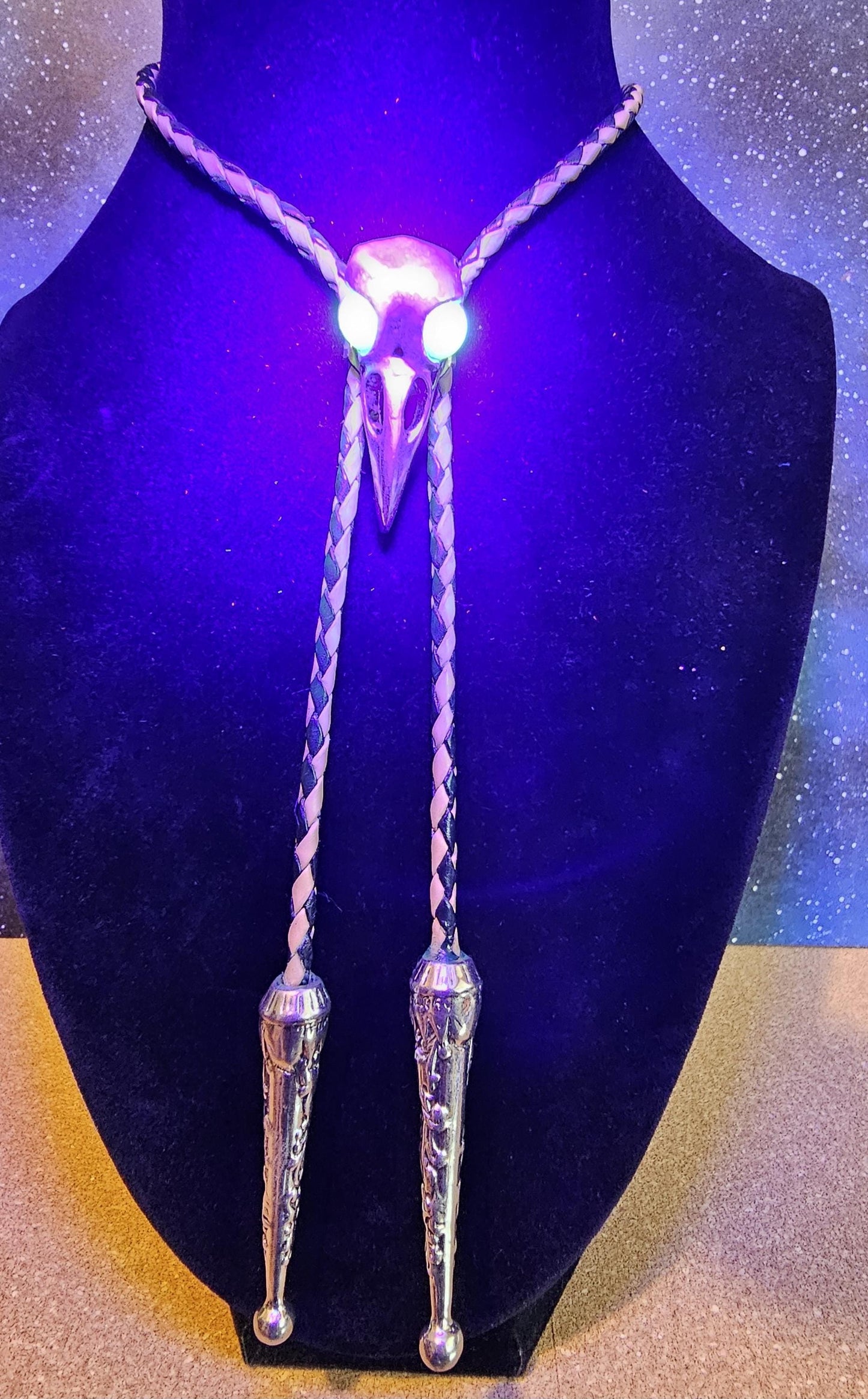 Uranium Glass Bolo Tie Raven skull design leather cord, heavy tips, with vintage Uranium Glass 10 mm beads that glow under black / UV light
