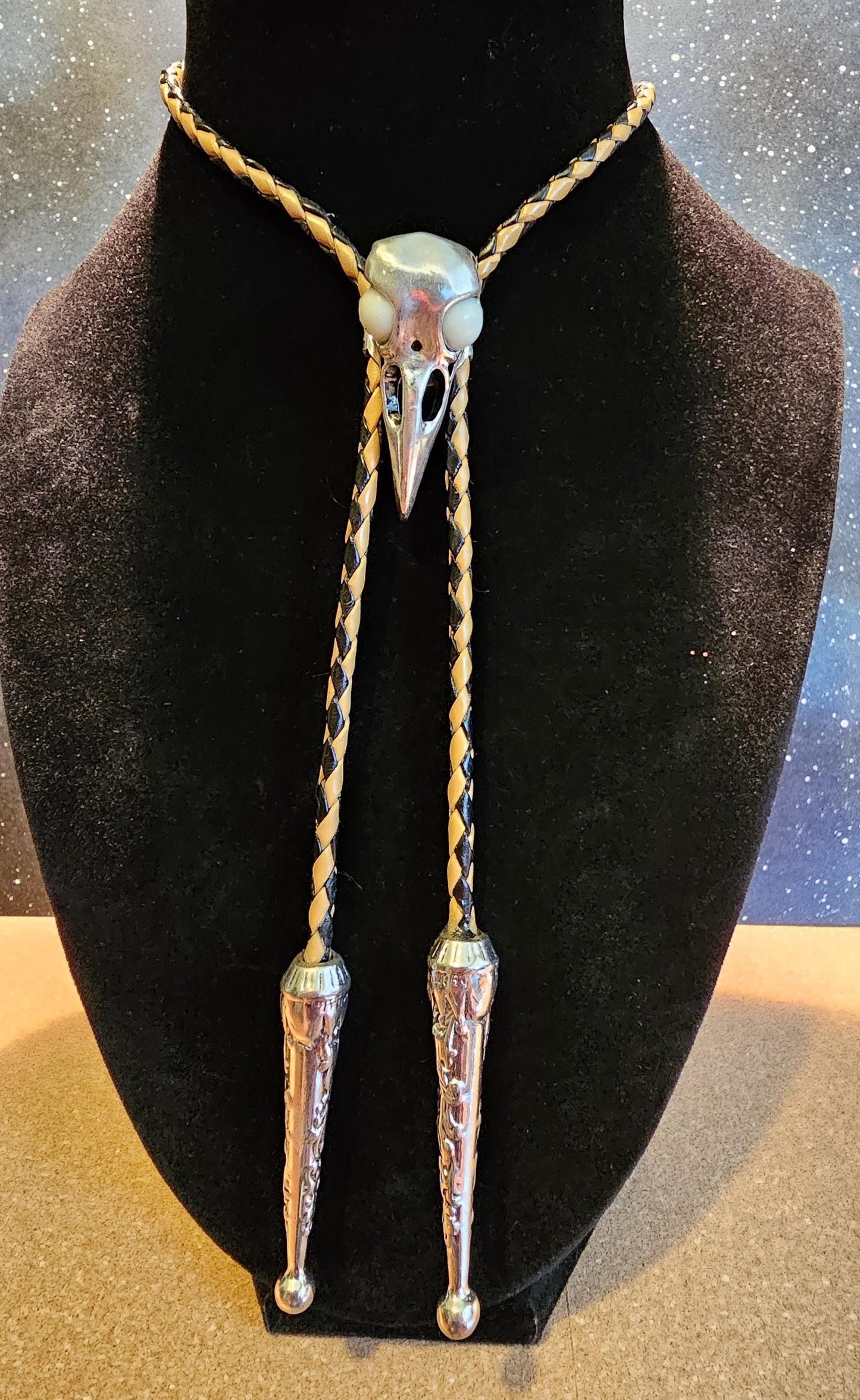 Uranium Glass Bolo Tie Raven skull design leather cord, heavy tips, with vintage Uranium Glass 10 mm beads that glow under black / UV light