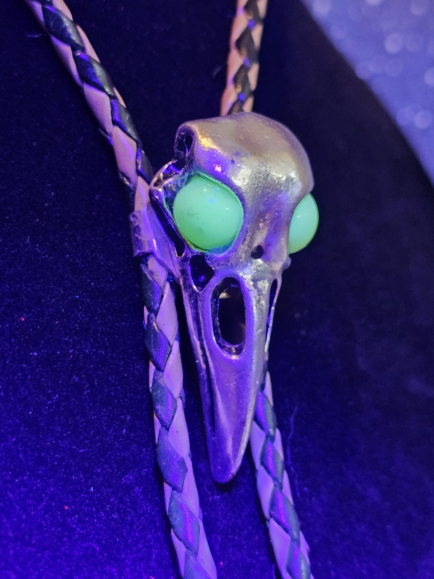 Uranium Glass Bolo Tie Raven skull design leather cord, heavy tips, with vintage Uranium Glass 10 mm beads that glow under black / UV light