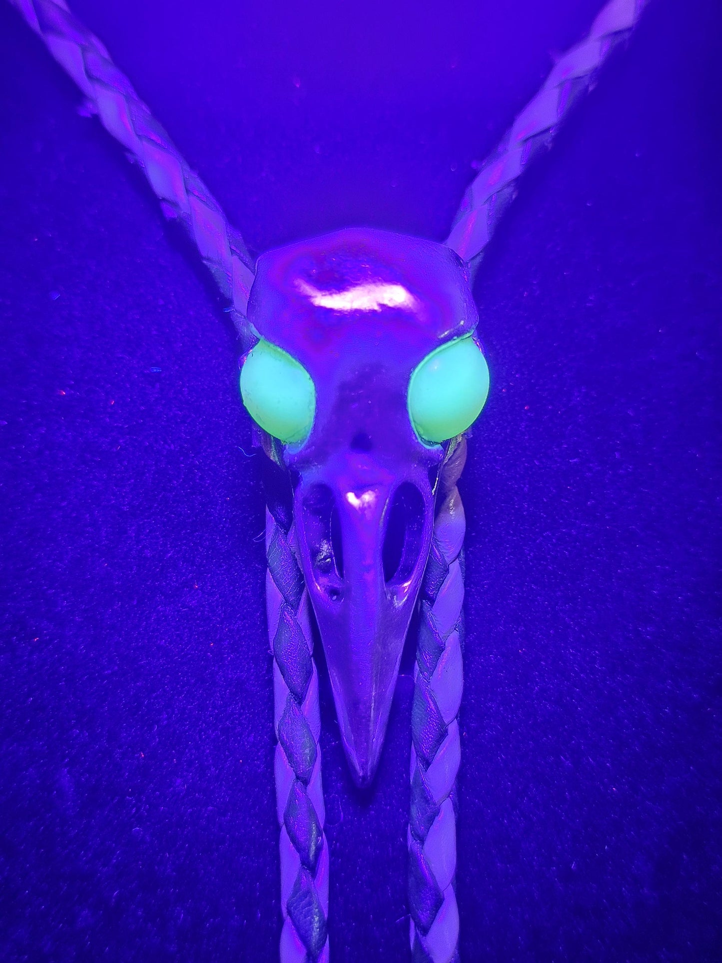 Uranium Glass Bolo Tie Raven skull design leather cord, heavy tips, with vintage Uranium Glass 10 mm beads that glow under black / UV light