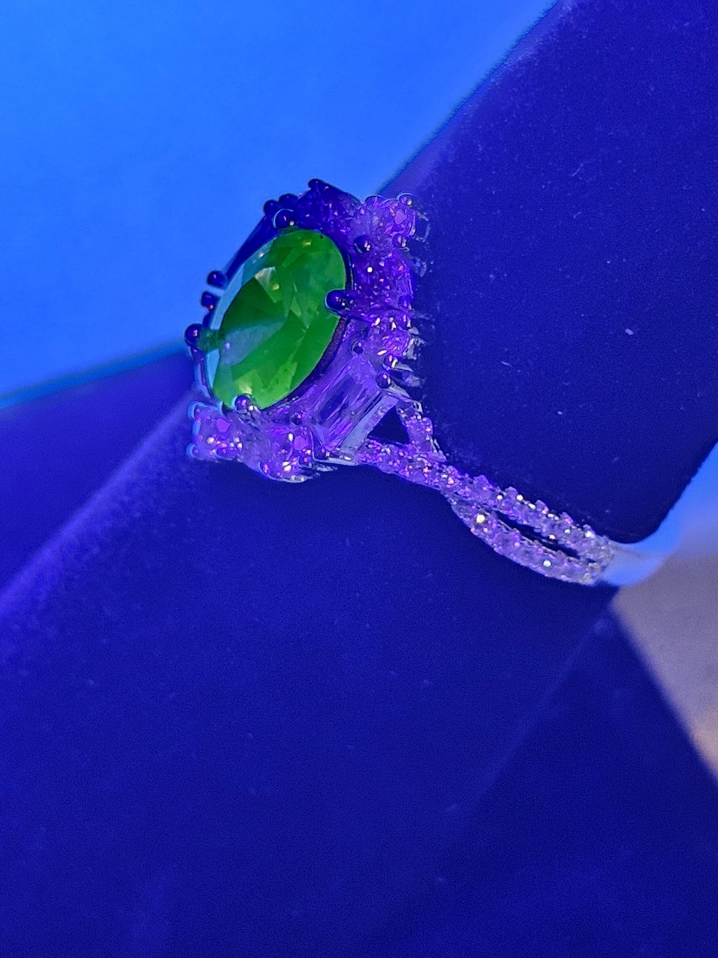 Uranium Glass Oval cut Ring size 7, new Sterling Silver with CZ accents and a vintage Uranium glass stone that glows under black / UV light