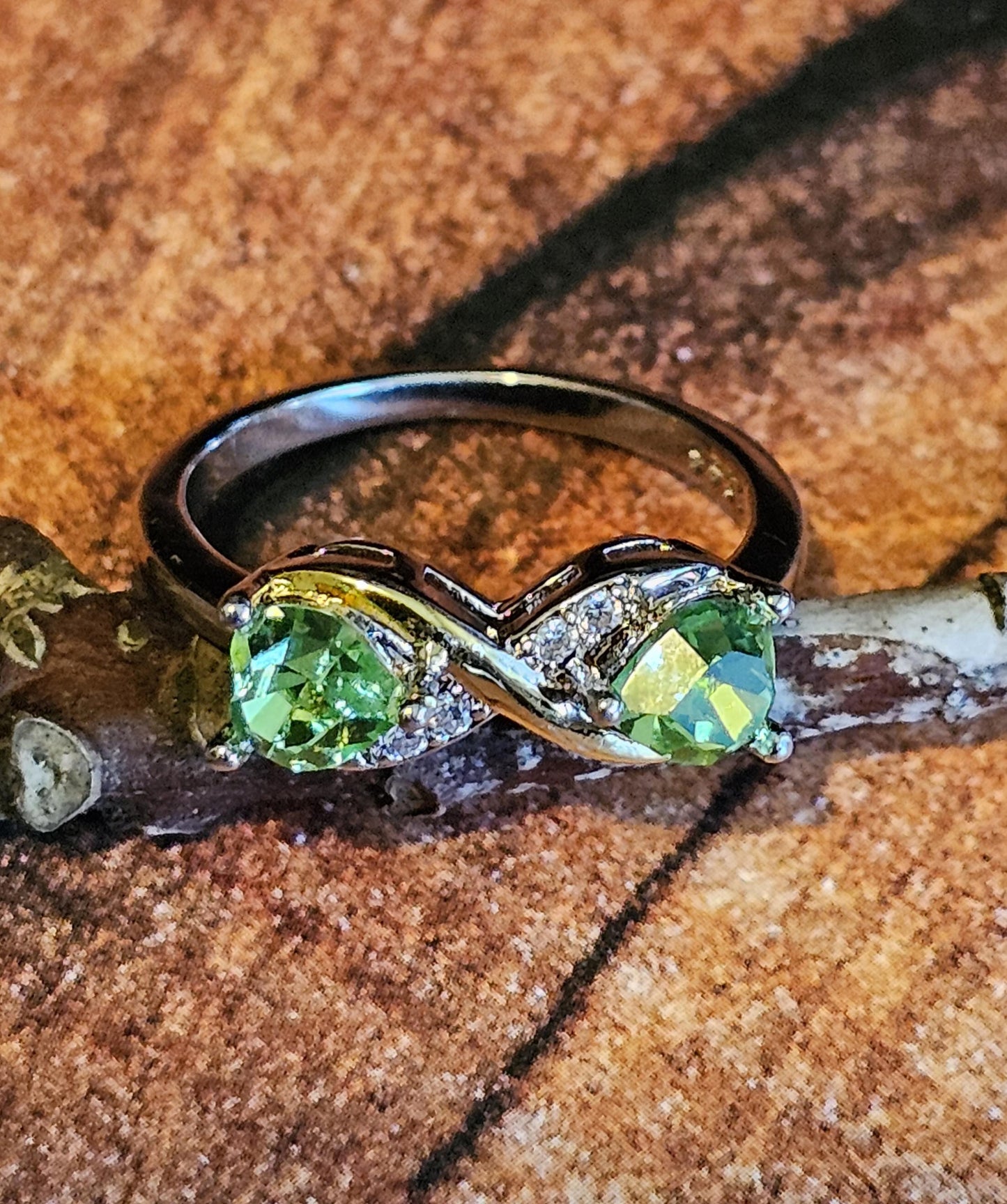 Uranium Glass Heart cut Ring size 7 in new Sterling Silver with two vintage 5 mm Uranium glass stones that glow under black UV light