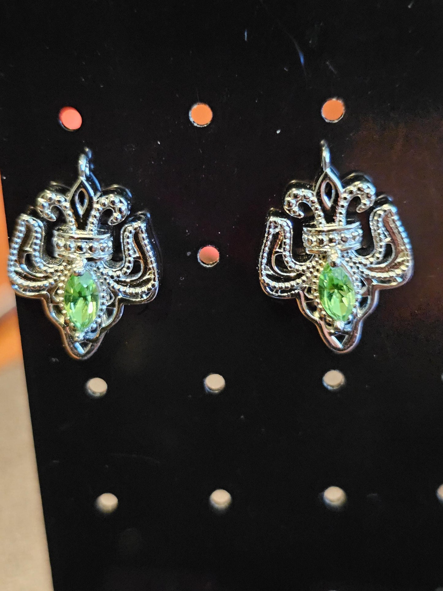Uranium Glass Earrings in new Sterling Silver Fleur-De-Lis design with Vintage Uranium Glass stones that glow under black/UV light