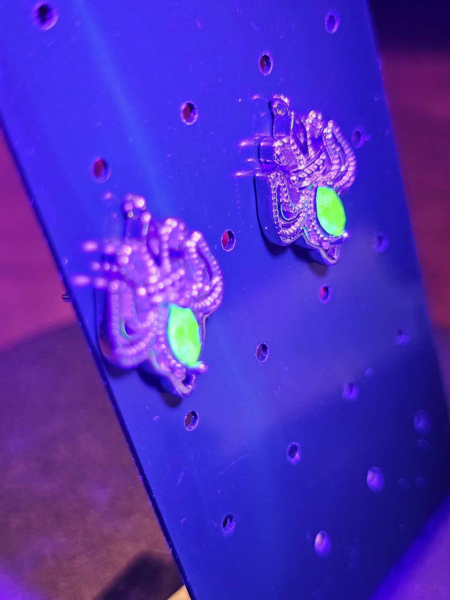 Uranium Glass Earrings in new Sterling Silver Fleur-De-Lis design with Vintage Uranium Glass stones that glow under black/UV light