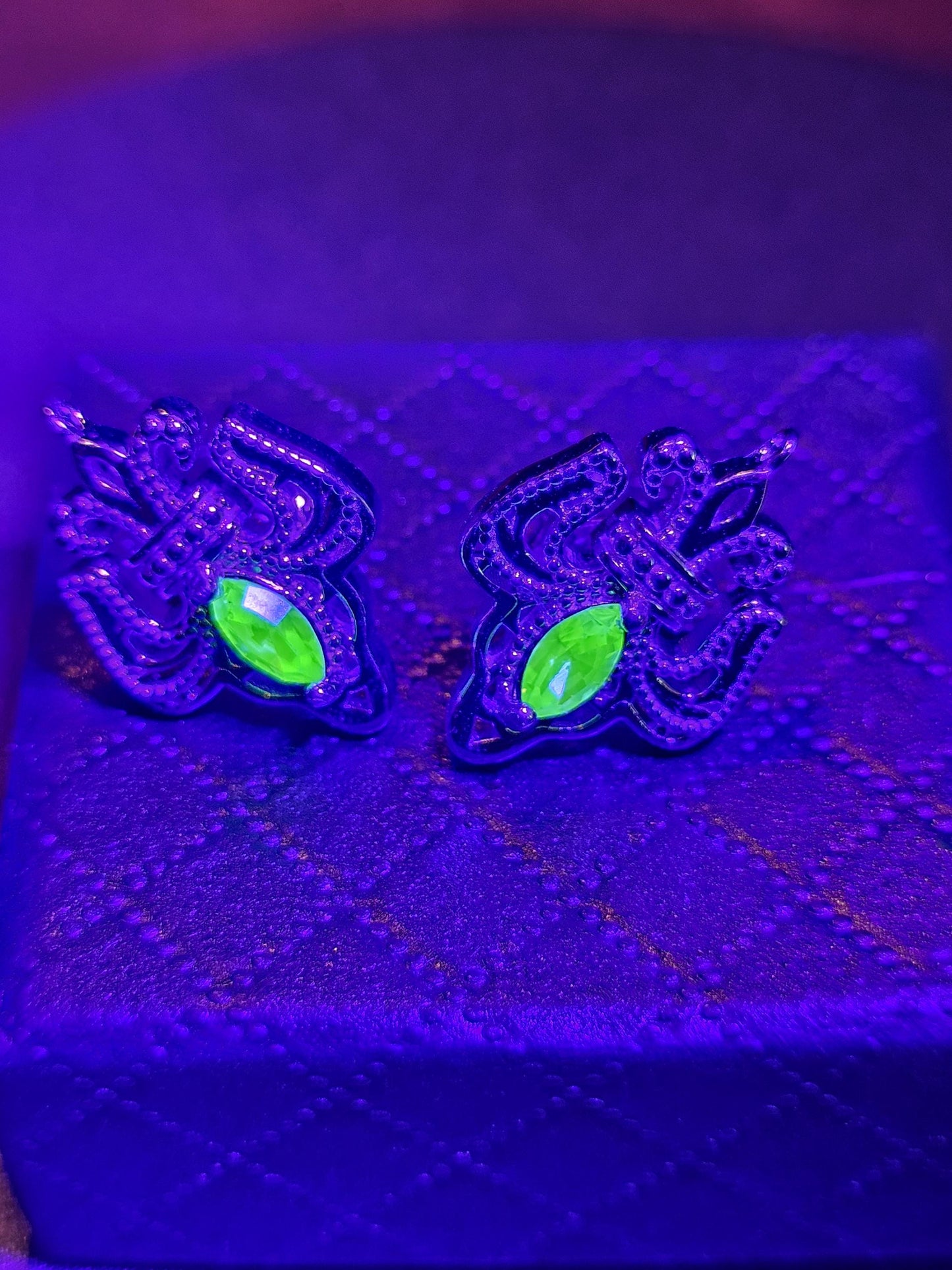 Uranium Glass Earrings in new Sterling Silver Fleur-De-Lis design with Vintage Uranium Glass stones that glow under black/UV light