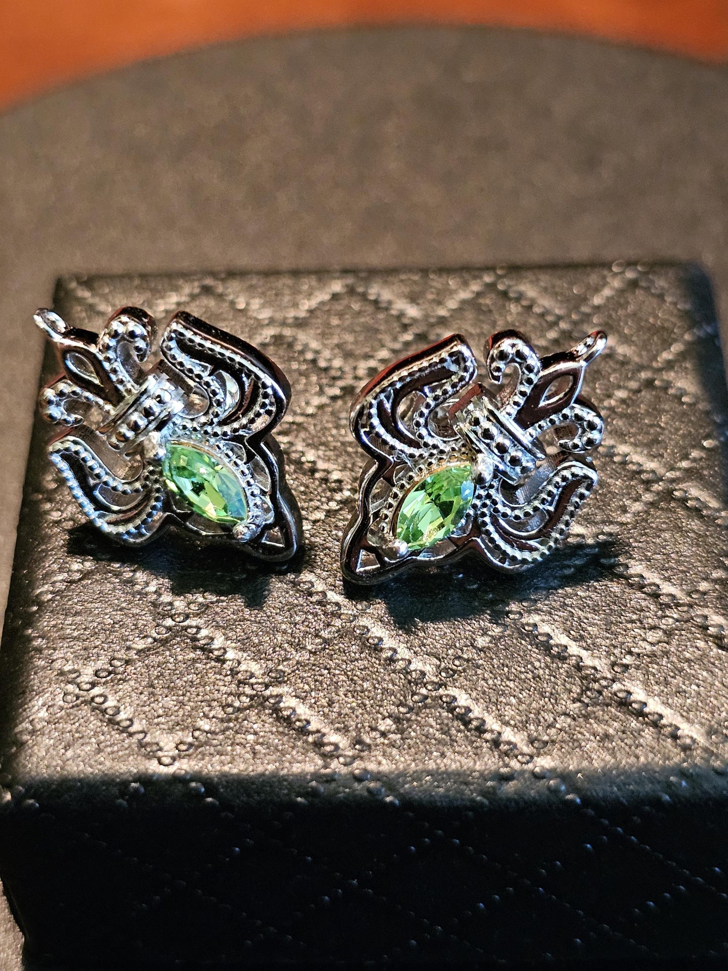 Uranium Glass Earrings in new Sterling Silver Fleur-De-Lis design with Vintage Uranium Glass stones that glow under black/UV light
