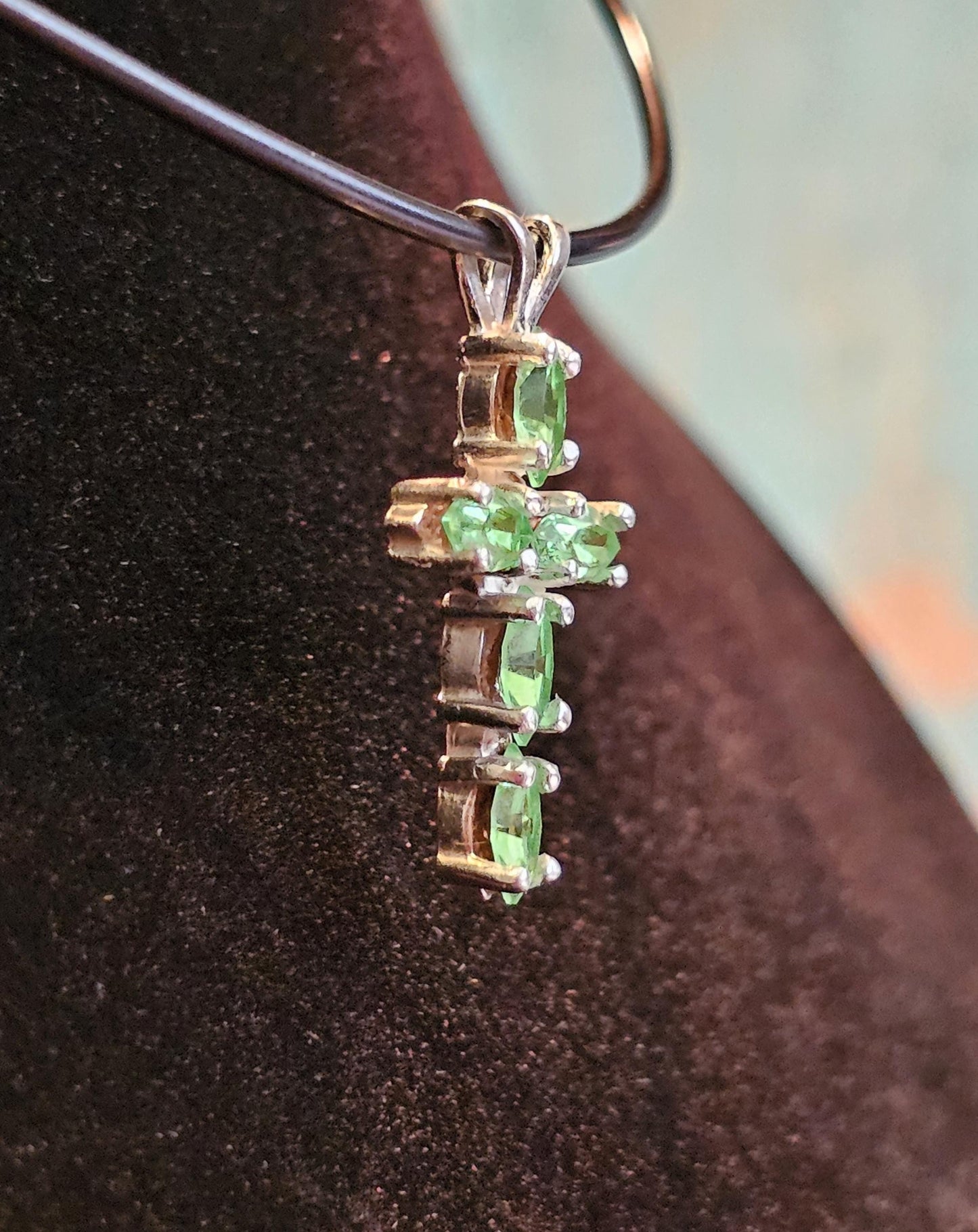 Uranium Glass Pendant new Sterling Silver, Cross design with 6x3 mm vintage Marquee cut Uranium Glass stones that glow under black / UV ligh