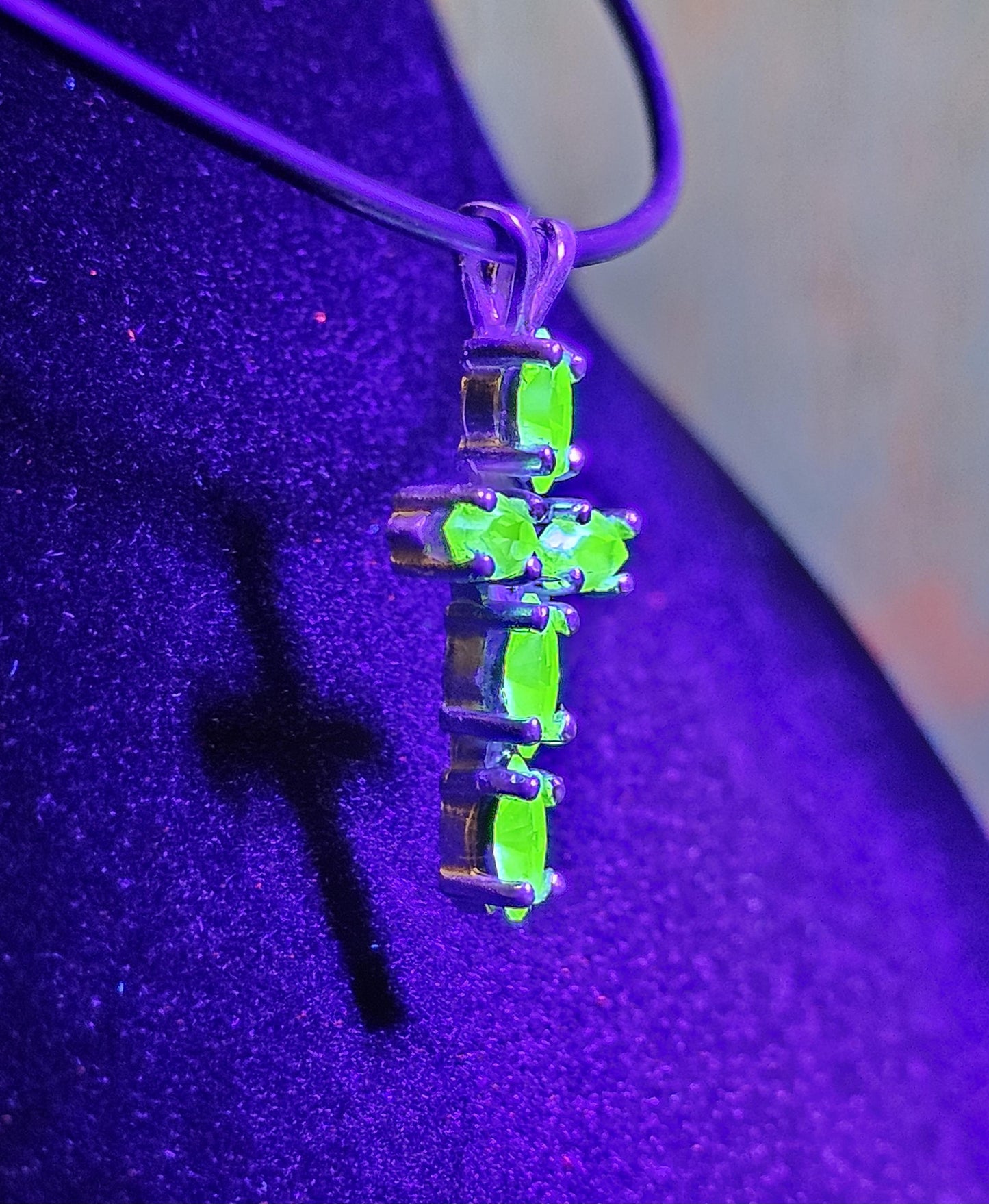 Uranium Glass Pendant new Sterling Silver, Cross design with 6x3 mm vintage Marquee cut Uranium Glass stones that glow under black / UV ligh
