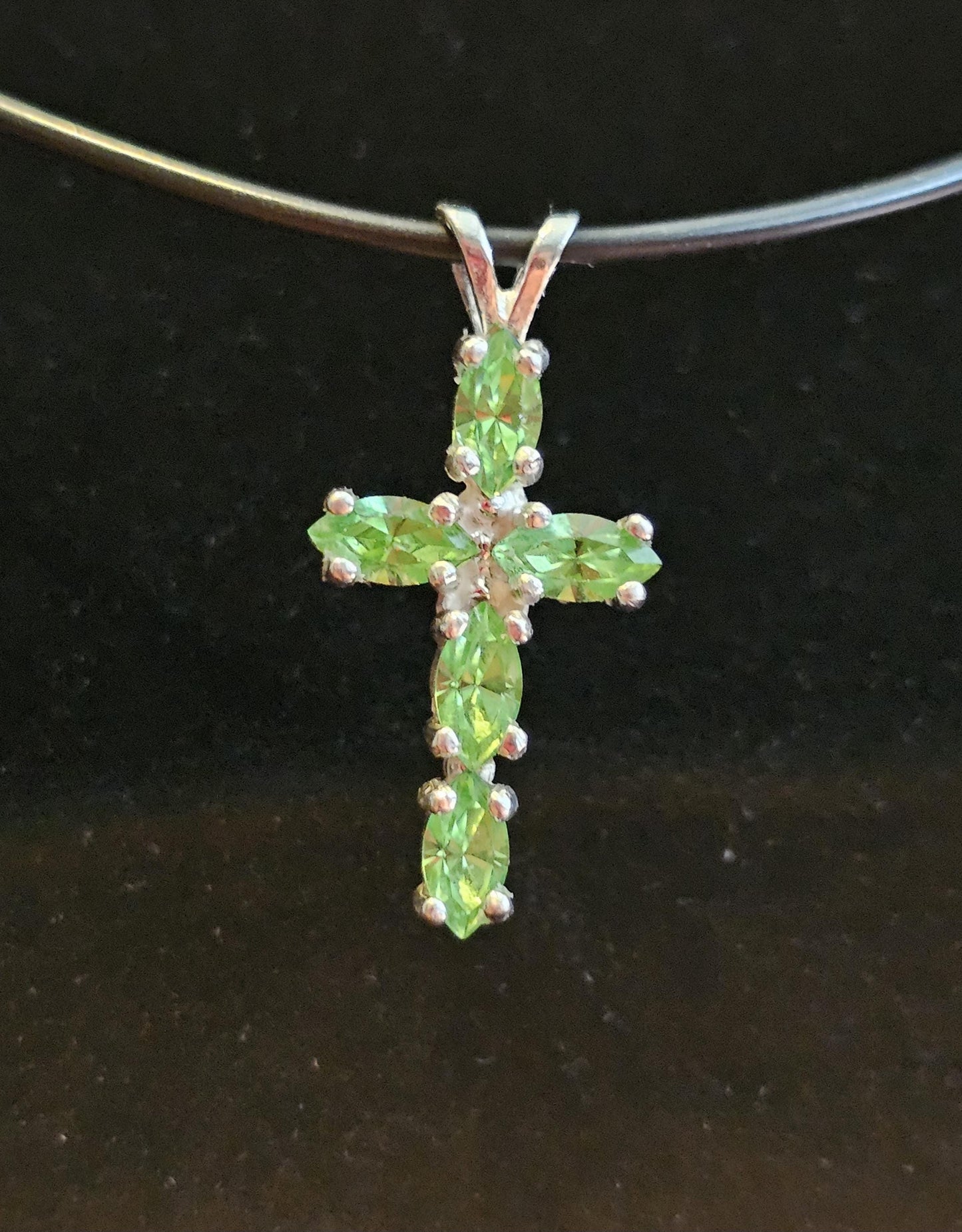 Uranium Glass Pendant new Sterling Silver, Cross design with 6x3 mm vintage Marquee cut Uranium Glass stones that glow under black / UV ligh