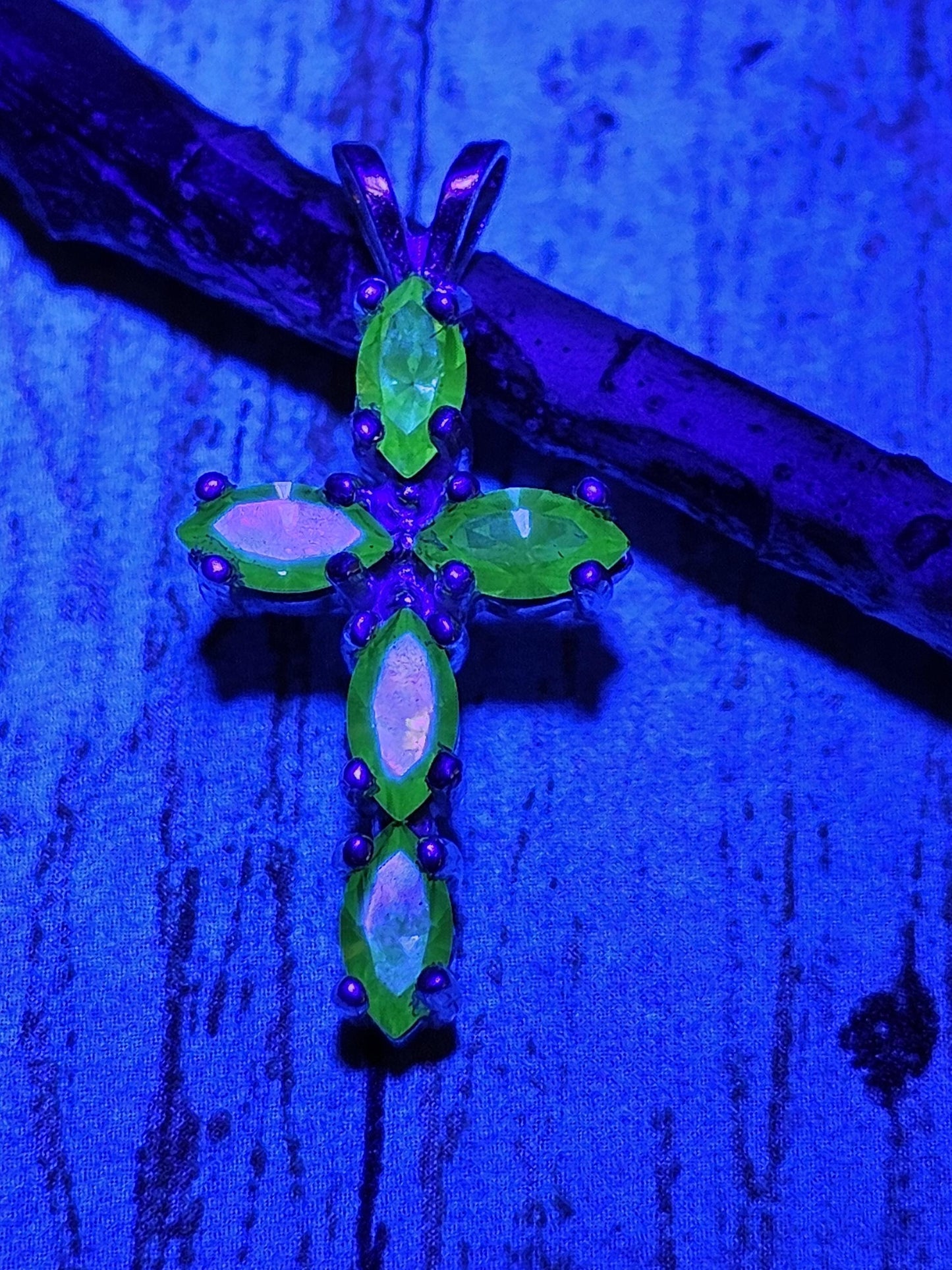 Uranium Glass Pendant new Sterling Silver, Cross design with 6x3 mm vintage Marquee cut Uranium Glass stones that glow under black / UV ligh