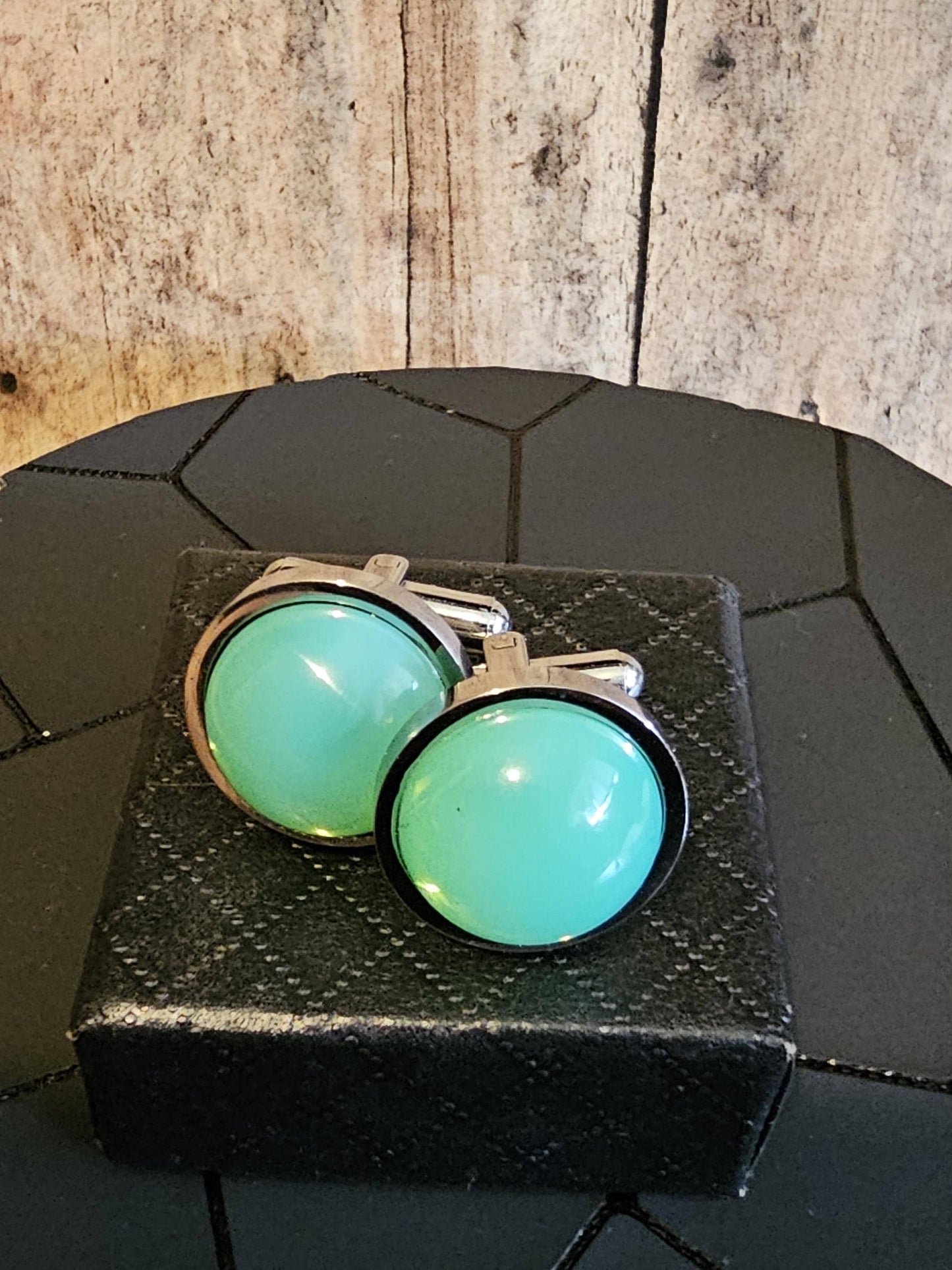 Uranium Glass Cufflinks Titanium 15 mm Round cut Round top Cabochons that are vintage Uranium Glass stones that glow under black / UV light