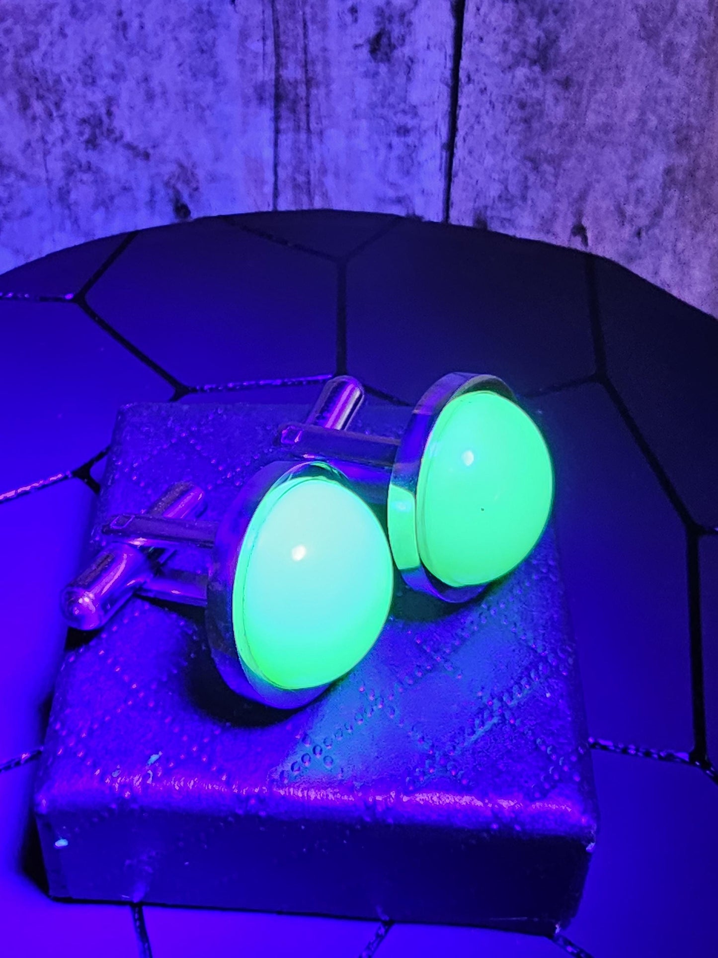 Uranium Glass Cufflinks Titanium 15 mm Round cut Round top Cabochons that are vintage Uranium Glass stones that glow under black / UV light