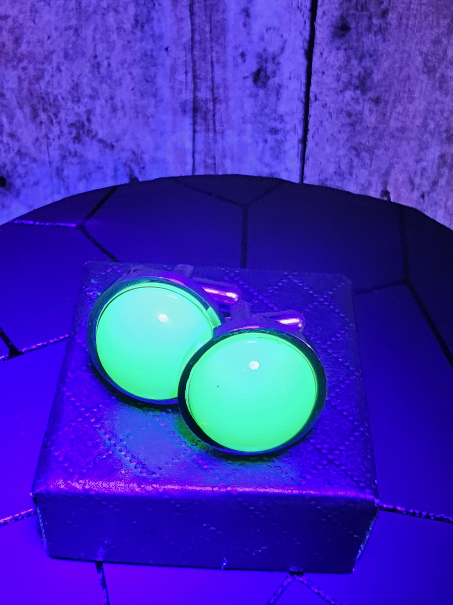 Uranium Glass Cufflinks Titanium 15 mm Round cut Round top Cabochons that are vintage Uranium Glass stones that glow under black / UV light