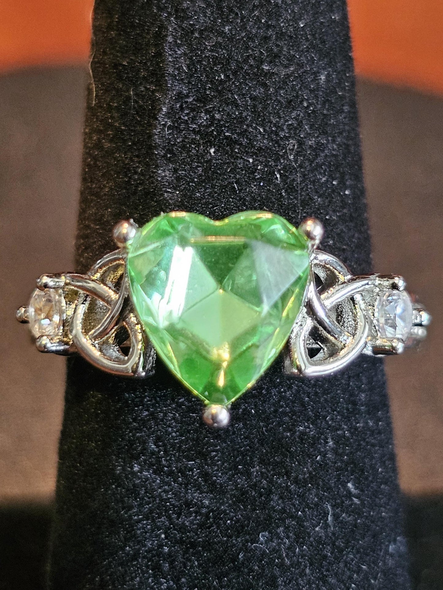 Uranium Glass Heart cut Ring size 7 new Sterling Silver Celtic knot with a vintage 9 mm Uranium glass stone that glows under black UV light
