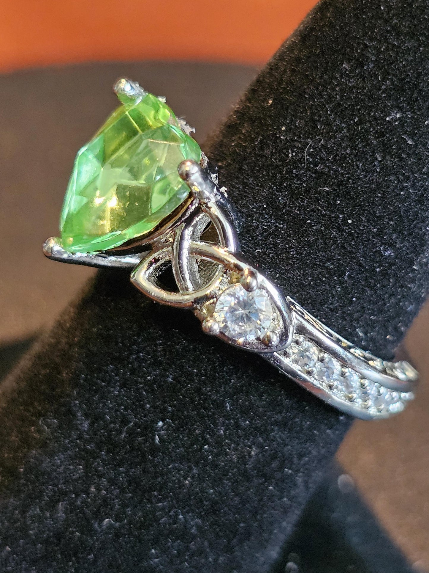 Uranium Glass Heart cut Ring size 7 new Sterling Silver Celtic knot with a vintage 9 mm Uranium glass stone that glows under black UV light