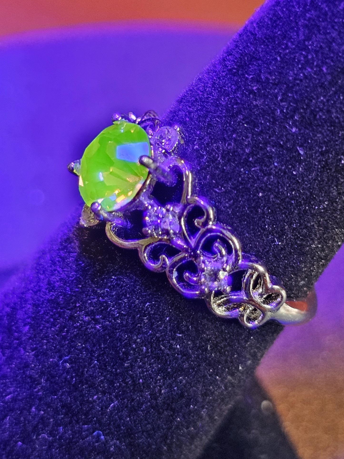 Uranium Glass Adjustable Ring new Sterling Silver with a rare vintage 6mm Pink Round cut Uranium glass stone that glows under black light