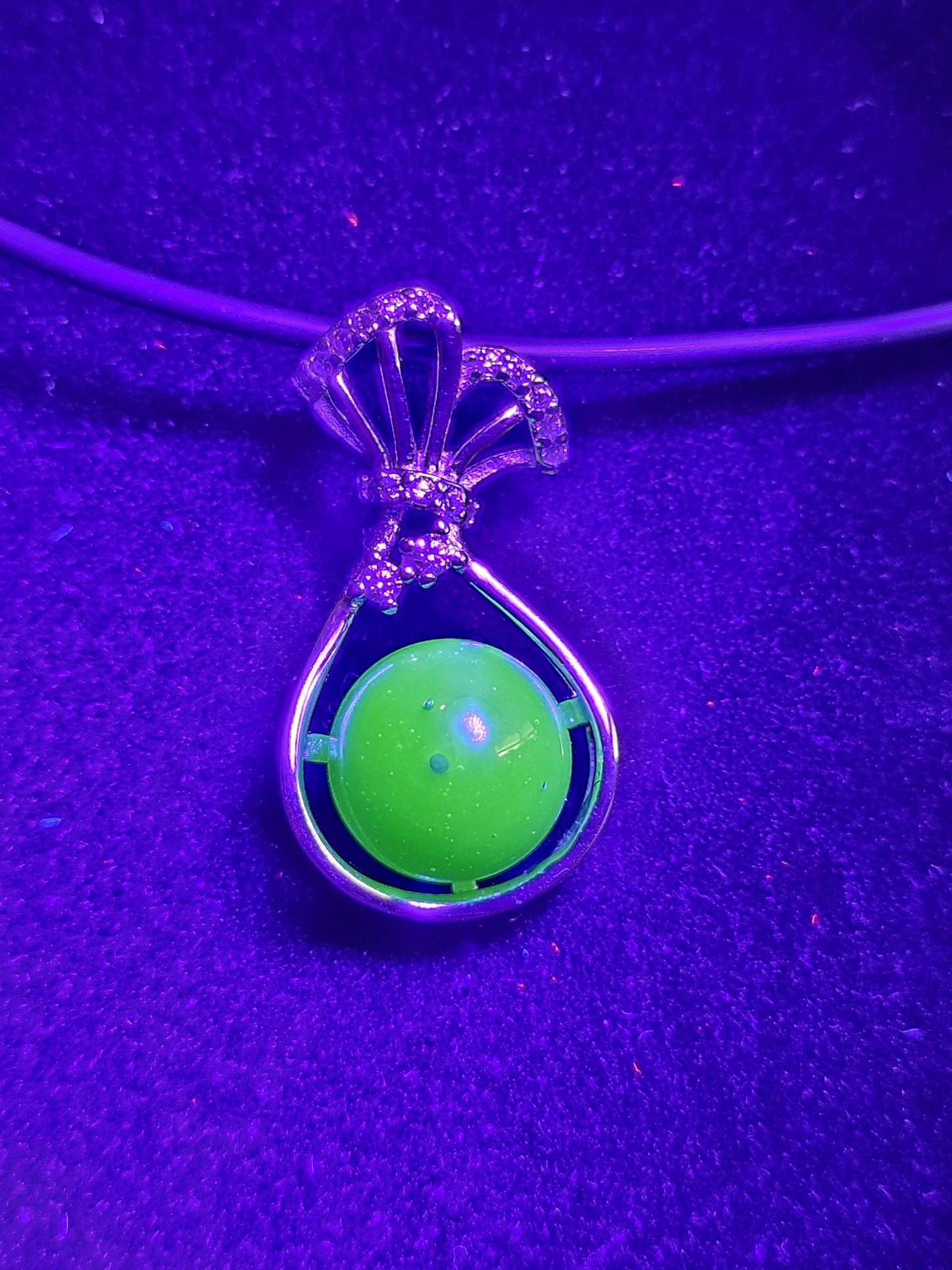Uranium Glass pendant, new Sterling Silver with a vintage rare dark Green Round top Uranium glass stone that glows under black light