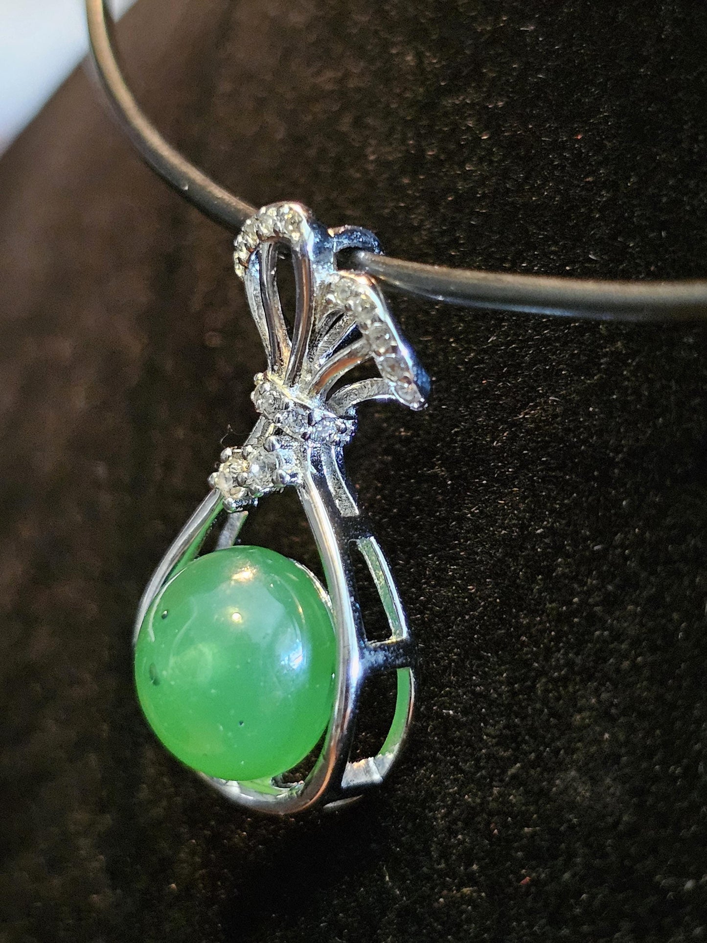 Uranium Glass pendant, new Sterling Silver with a vintage rare dark Green Round top Uranium glass stone that glows under black light