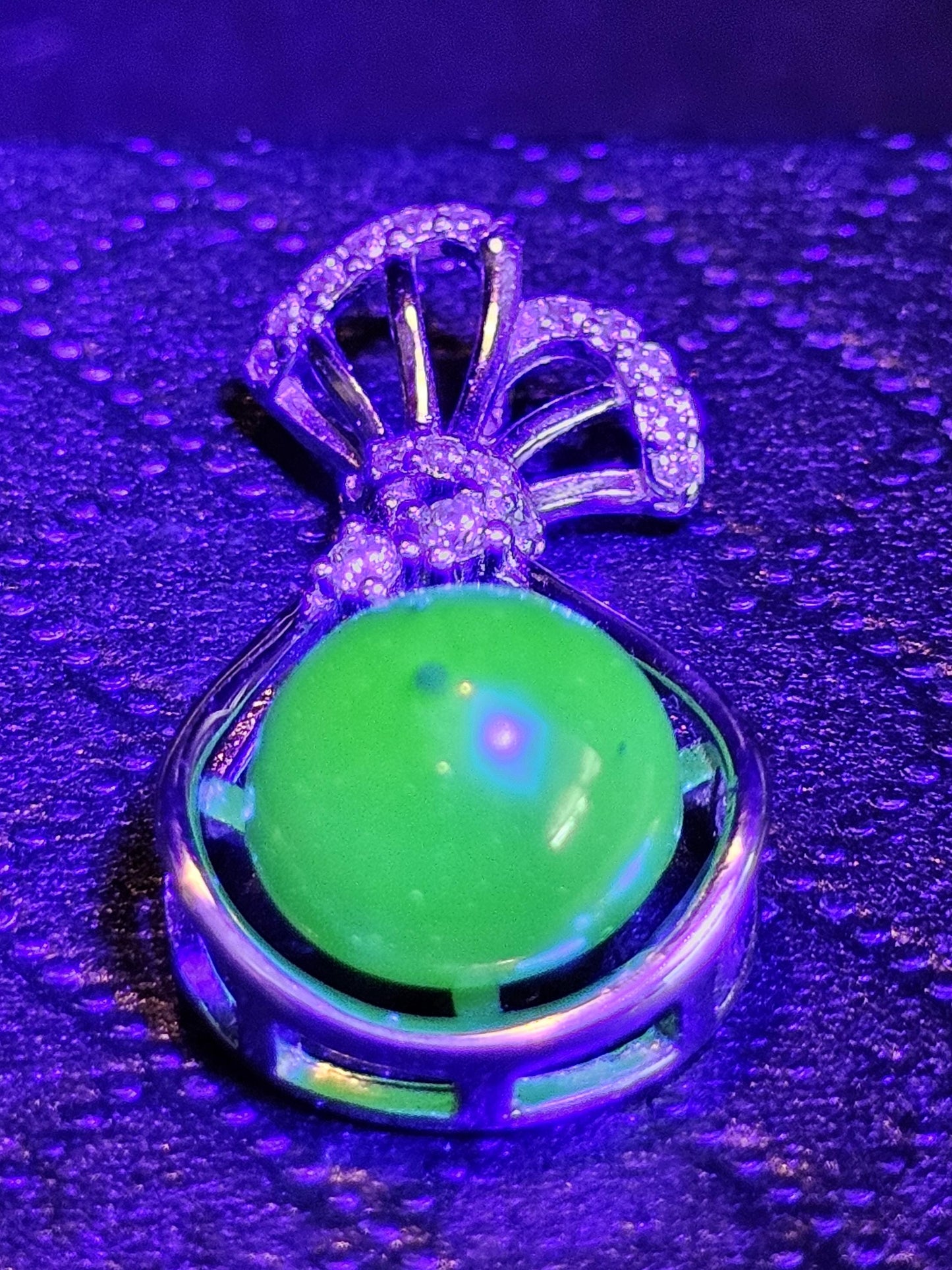 Uranium Glass pendant, new Sterling Silver with a vintage rare dark Green Round top Uranium glass stone that glows under black light