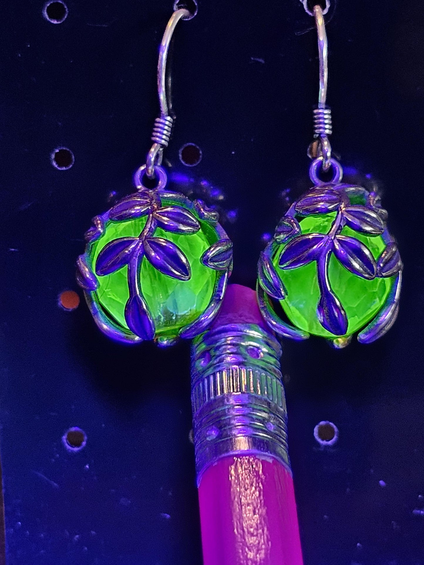 Uranium Glass Earrings in new Sterling Silver with a large vintage 12mm round cut Uranium Glass beads that glow under black / UV light