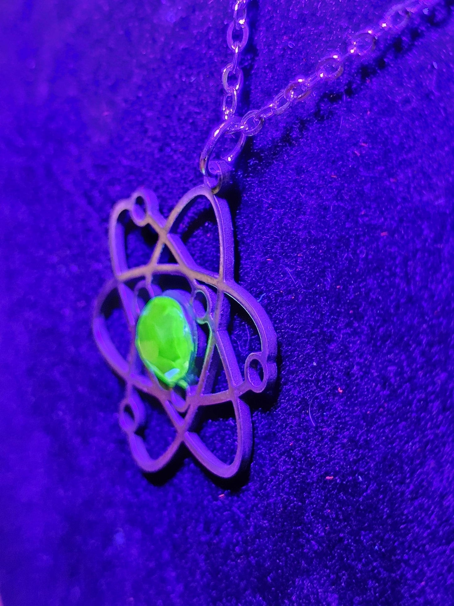 Uranium Glass Pendant in Stainless Steel setting with vintage 6 mm Round cut Cabochon Uranium Glass stone that glows under black / UV light