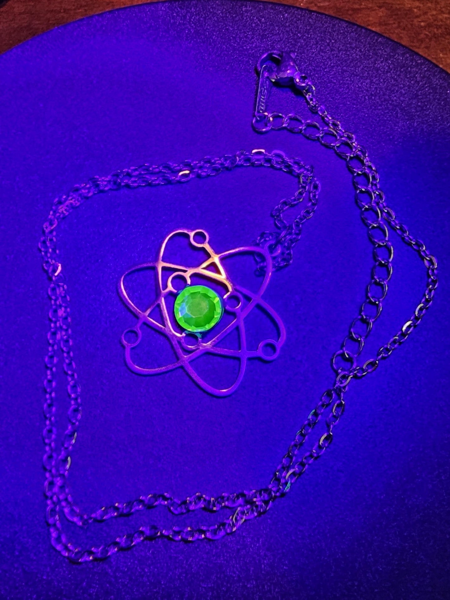Uranium Glass Pendant in Stainless Steel setting with vintage 6 mm Round cut Cabochon Uranium Glass stone that glows under black / UV light