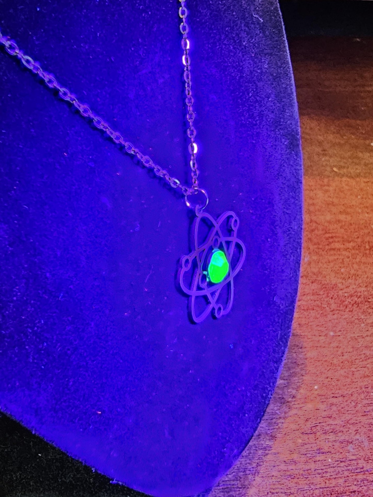 Uranium Glass Pendant in Stainless Steel setting with vintage 6 mm Round cut Cabochon Uranium Glass stone that glows under black / UV light
