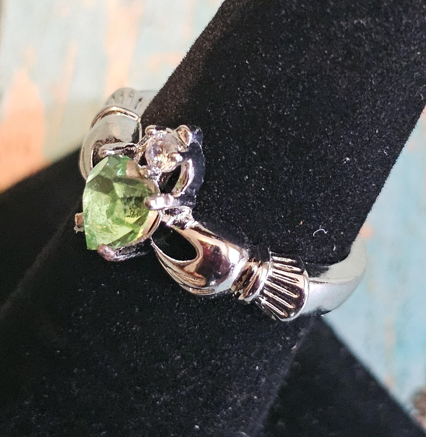 Uranium Glass Heart cut Claddagh Ring in size 10 new Sterling Silver with a vintage 6mm Uranium glass stone that glows under black/UV light